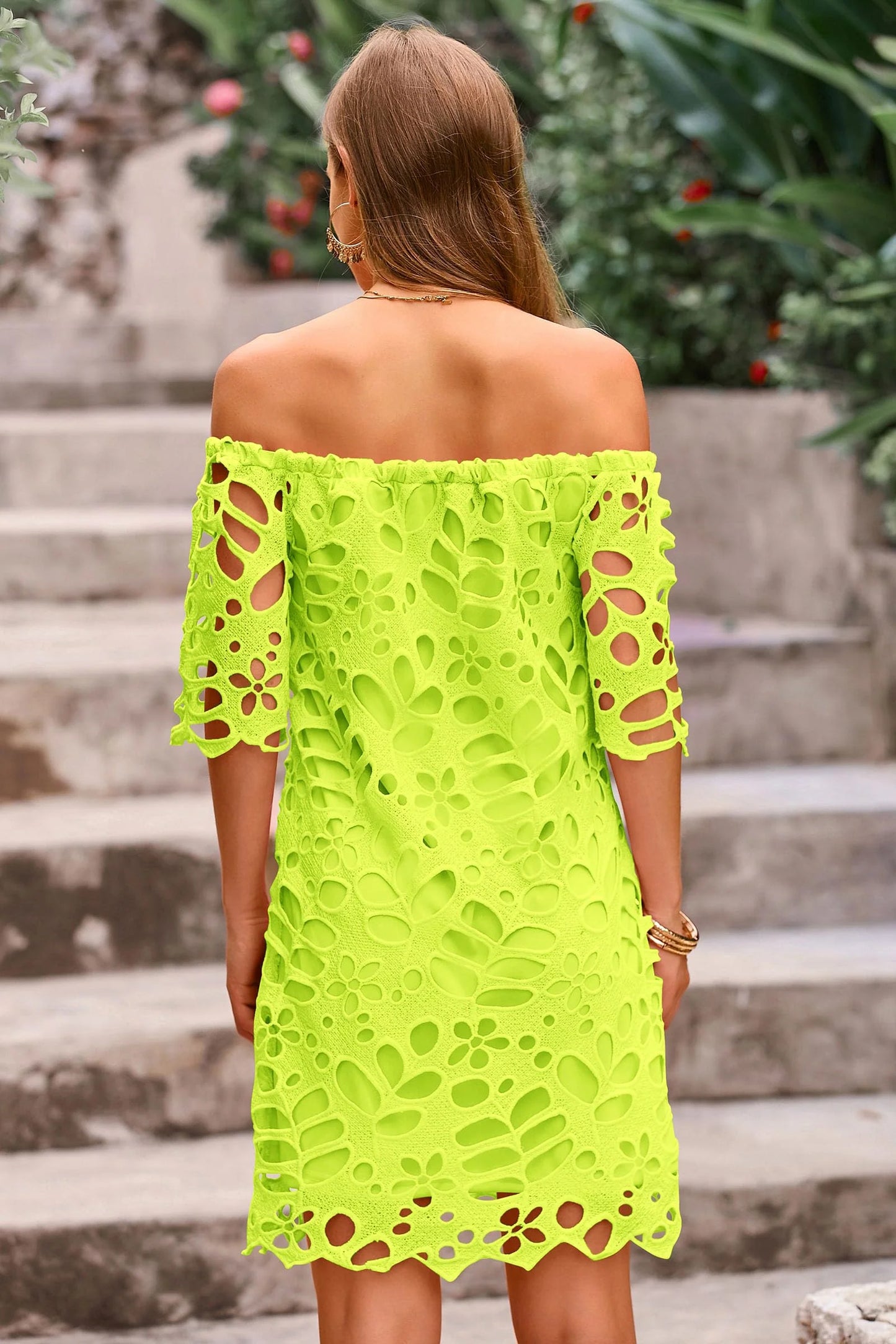 Women's Summer Off Shoulder Dresses Floral Lace Flare Short Sleeve Spring Vintage Elegant Mini Dress