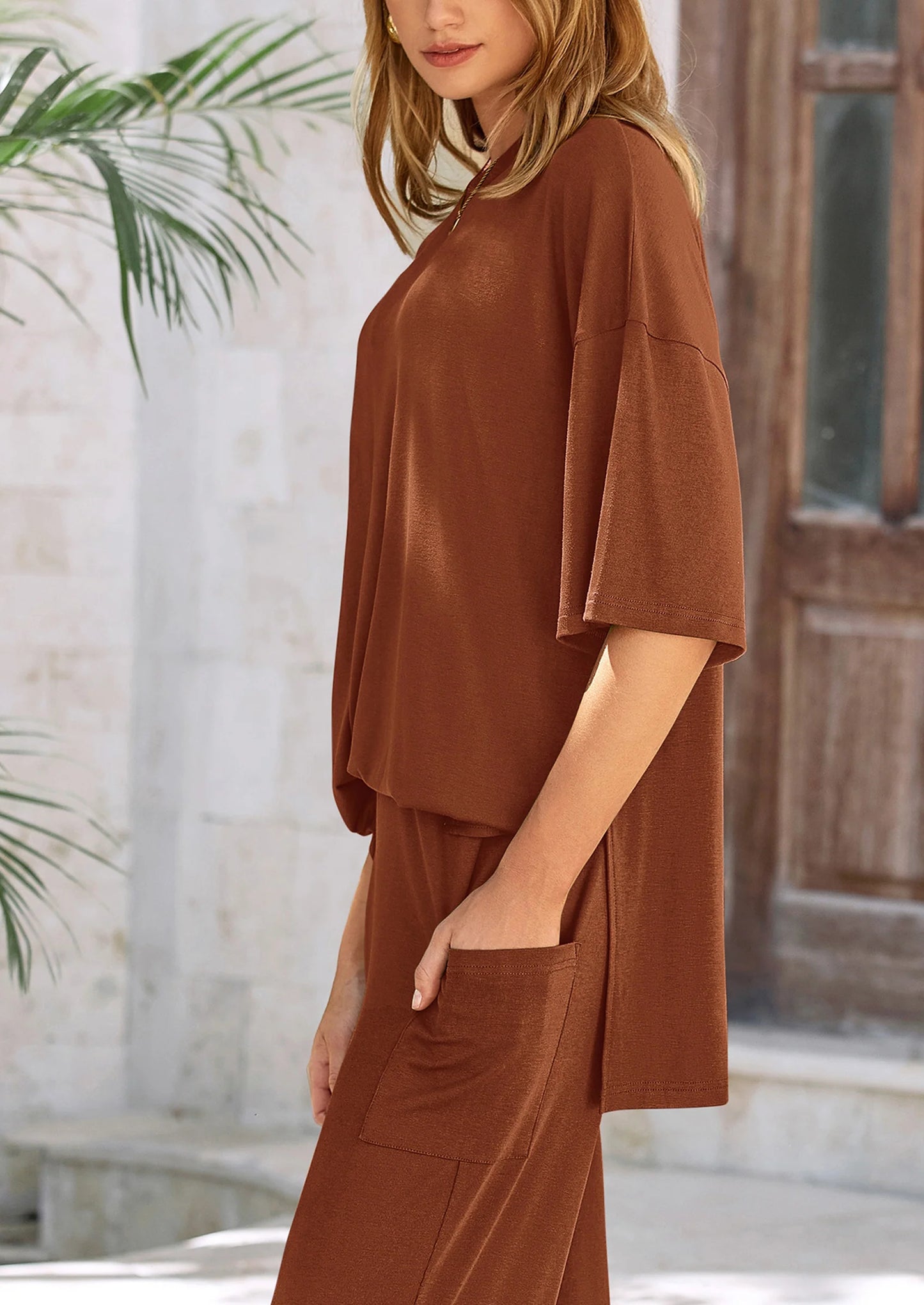 Women's 2 Piece Outfits Casual Short Sleeve Pullover Tops and Wide Leg Pants Lounge Sets Tracksuits