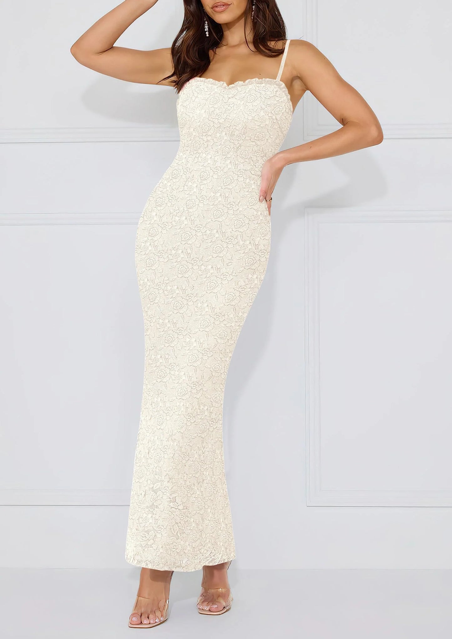 Women's Formal Prom Dress Spaghetti Strap Lace Floral Wedding Guest Evening Bodycon Dresses