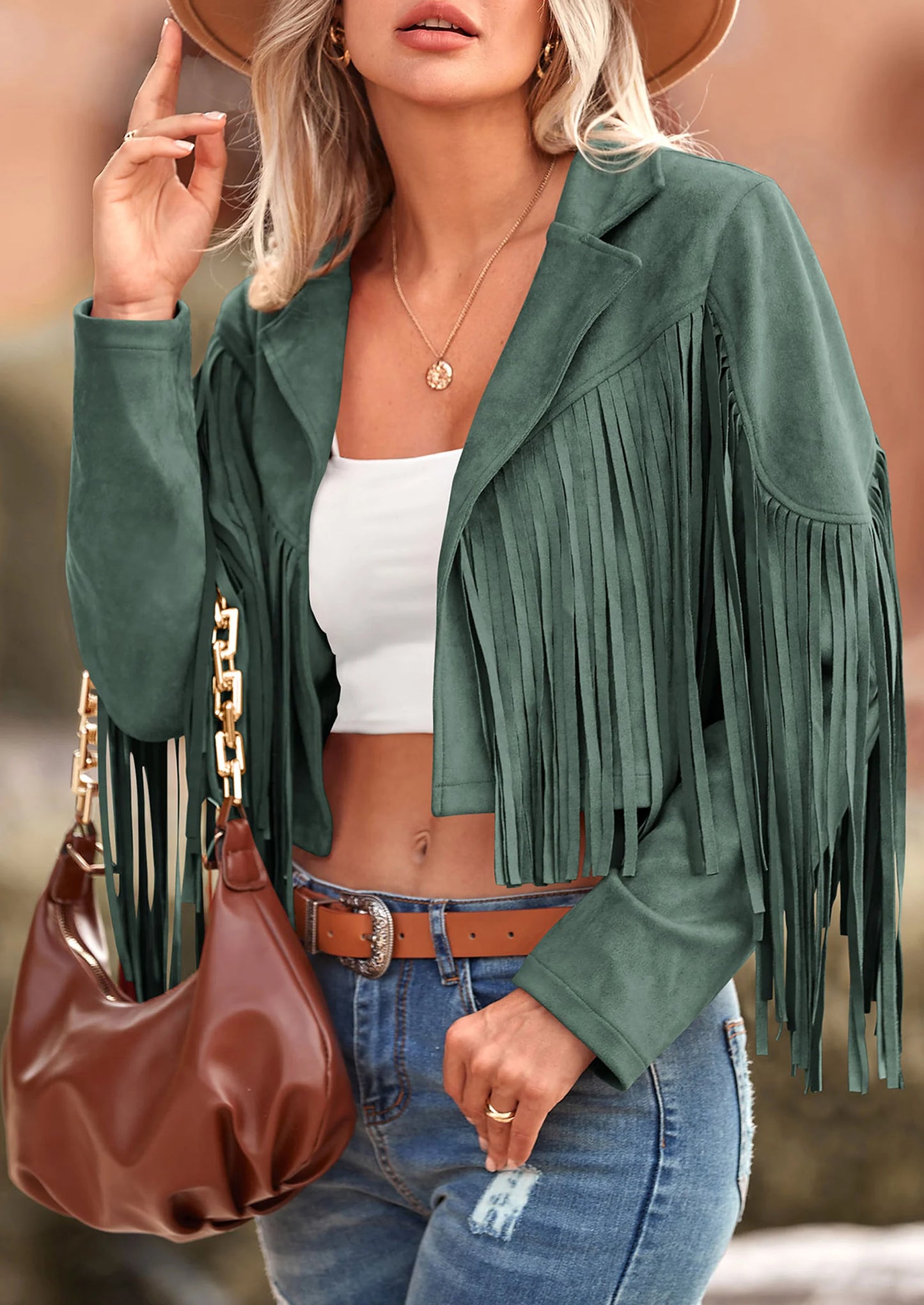 Women's Fringe Faux Suede Leather Jackets Fashion Tassel Motorcycle Cropped Coats
