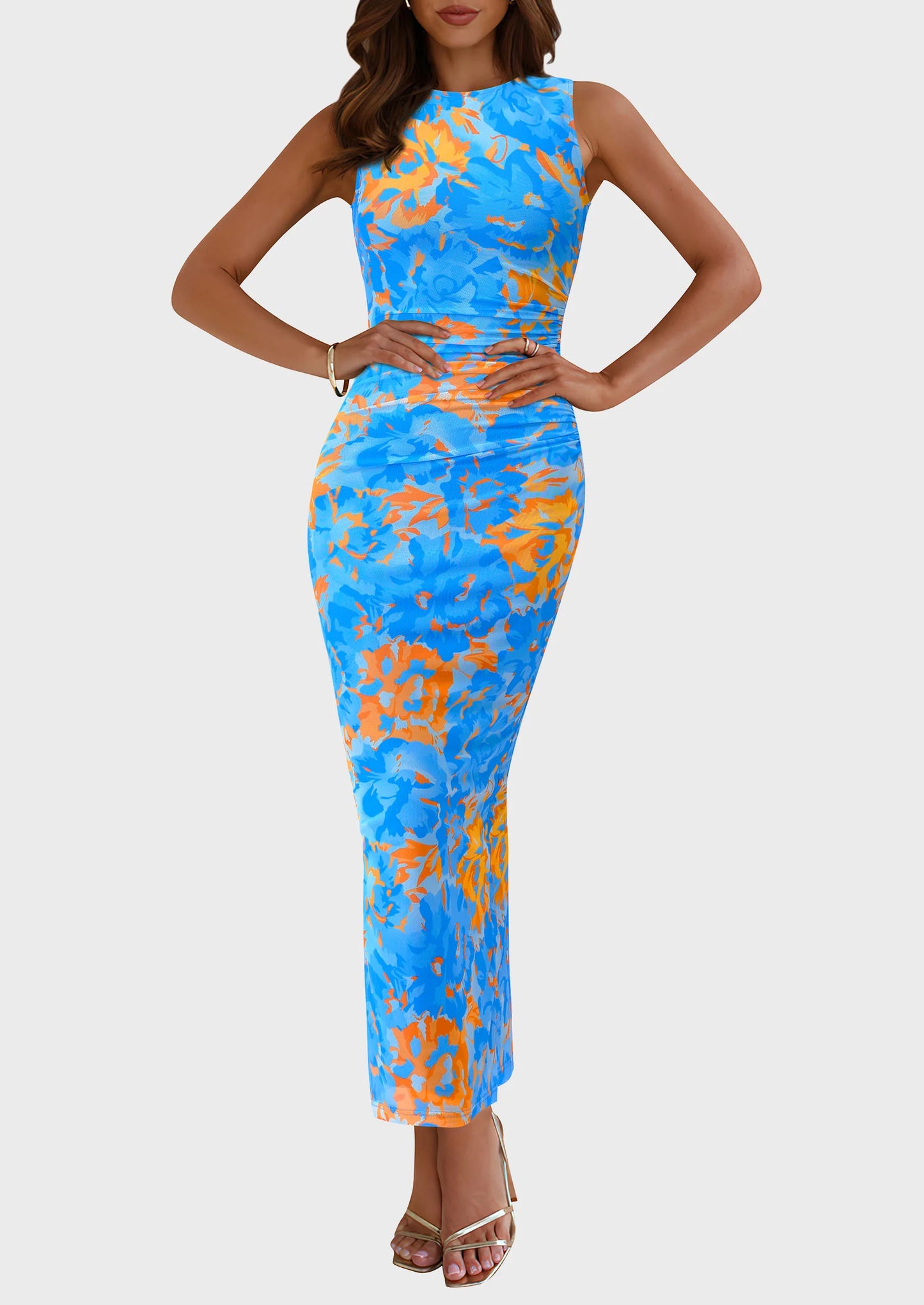 Wedding Guest Dresses for Women Spring Floral Bodycon Sleeveless Mesh Maxi Long Dress
