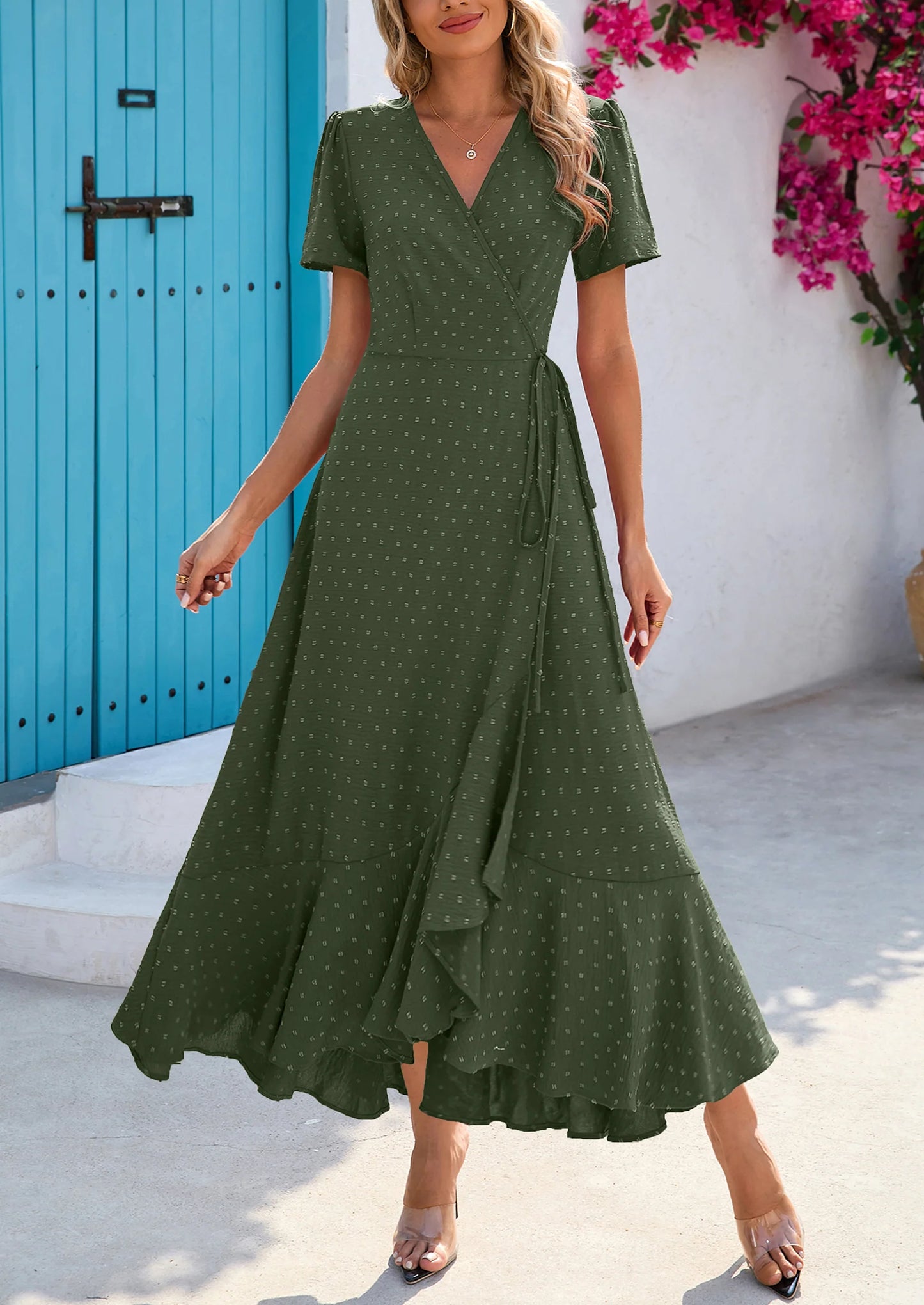 Women's Summer Maxi Dress Casual Wrap Floral Boho Short Sleeve V Neck Split Ruffle Beach Long Dresses