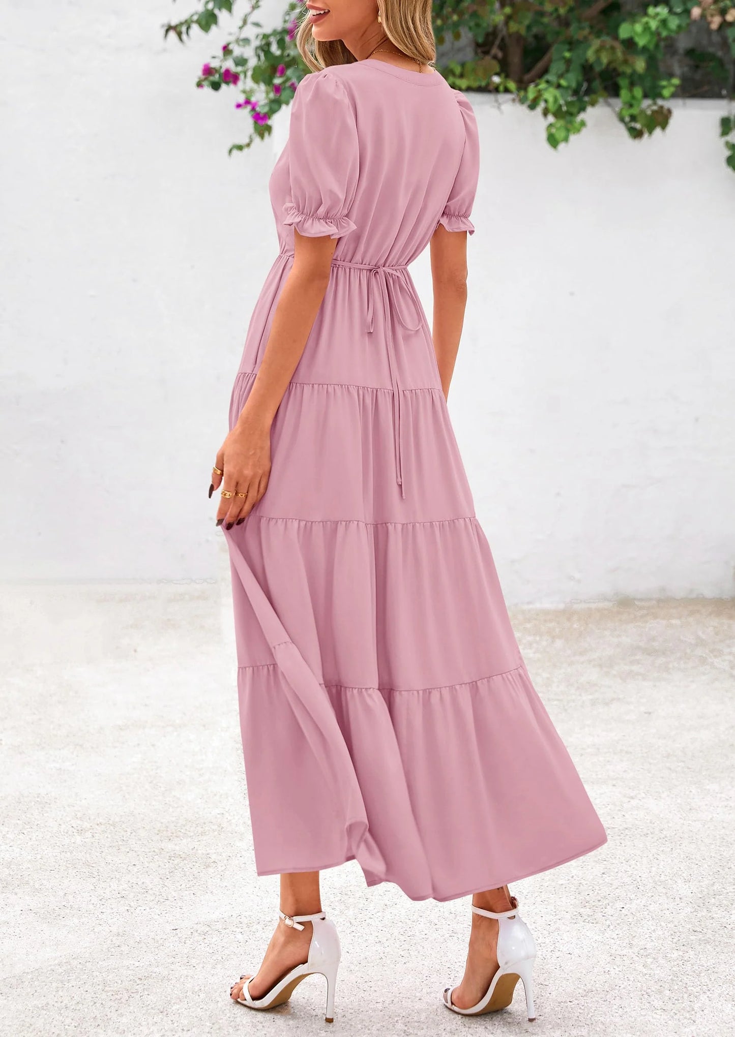 Women's Casual Short Sleeve V Neck Midi Dresses Spring A-line Tiered Wedding Guest Dress