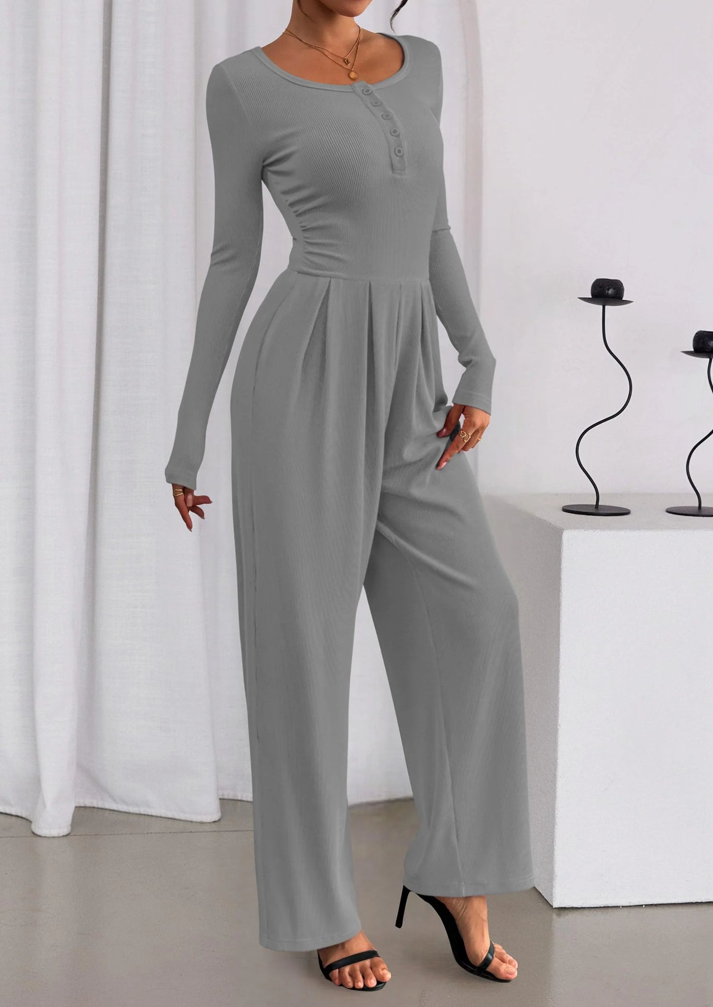 Jumpsuits for Women Dressy Casual Fall One Piece Outfits Long Sleeve Crew Neck Wide Leg Pants Rompers