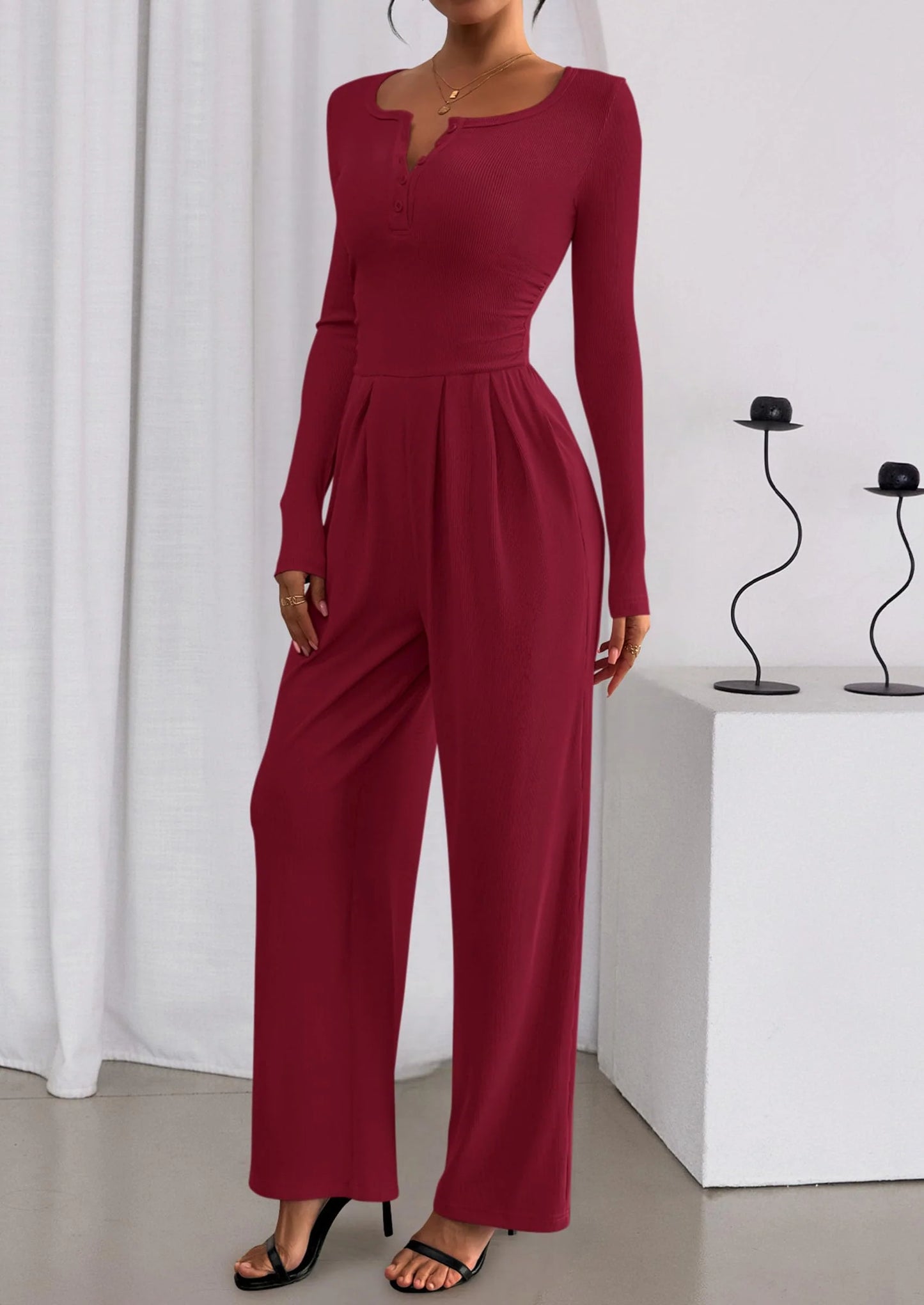 Jumpsuits for Women Dressy Casual Fall One Piece Outfits Long Sleeve Crew Neck Wide Leg Pants Rompers
