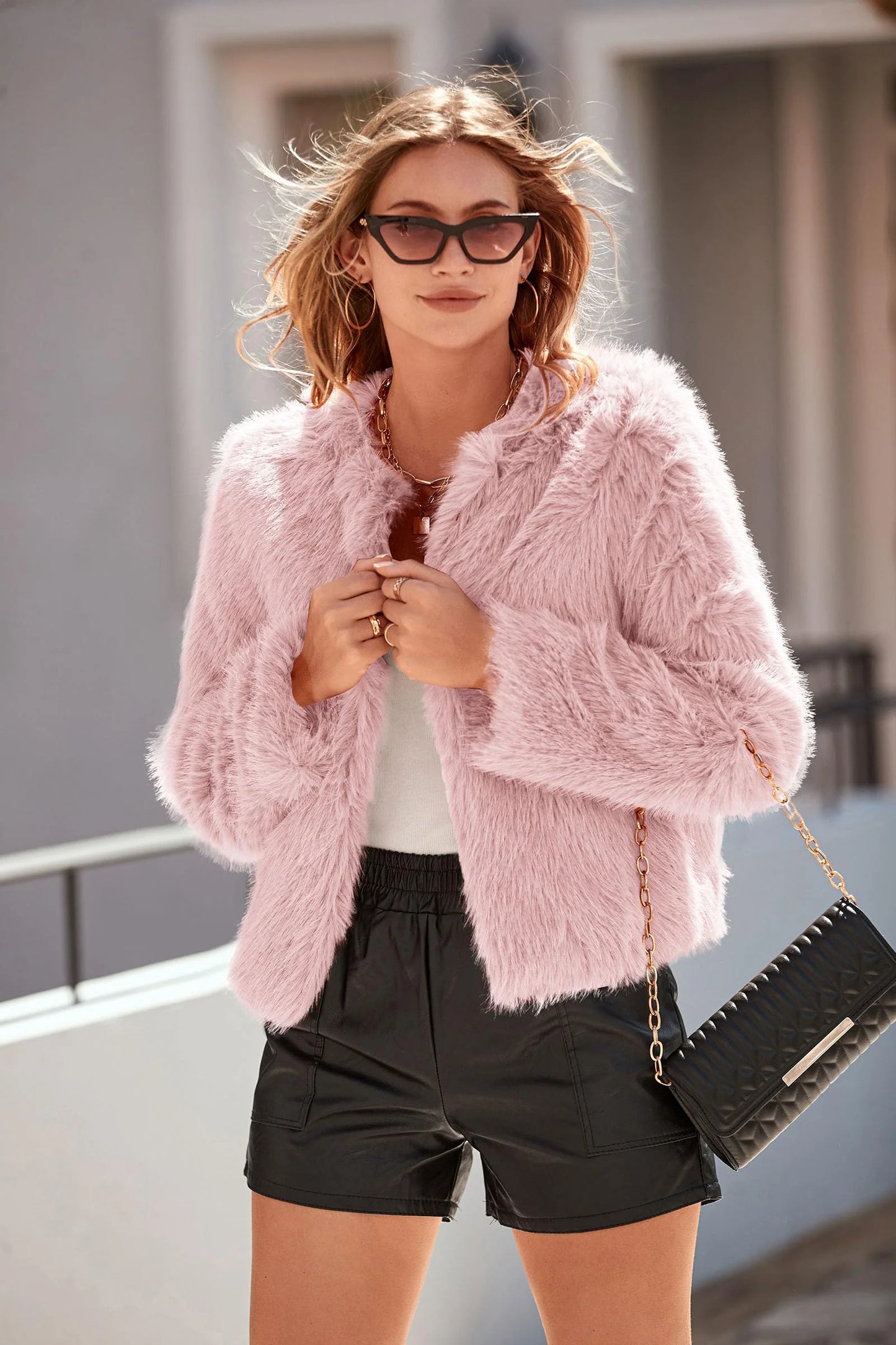 Women's Winter Coats Fleece Cropped Jacket Faux Fur Long Sleeve Pockets Shaggy Warm Outerwear Fall Clothes