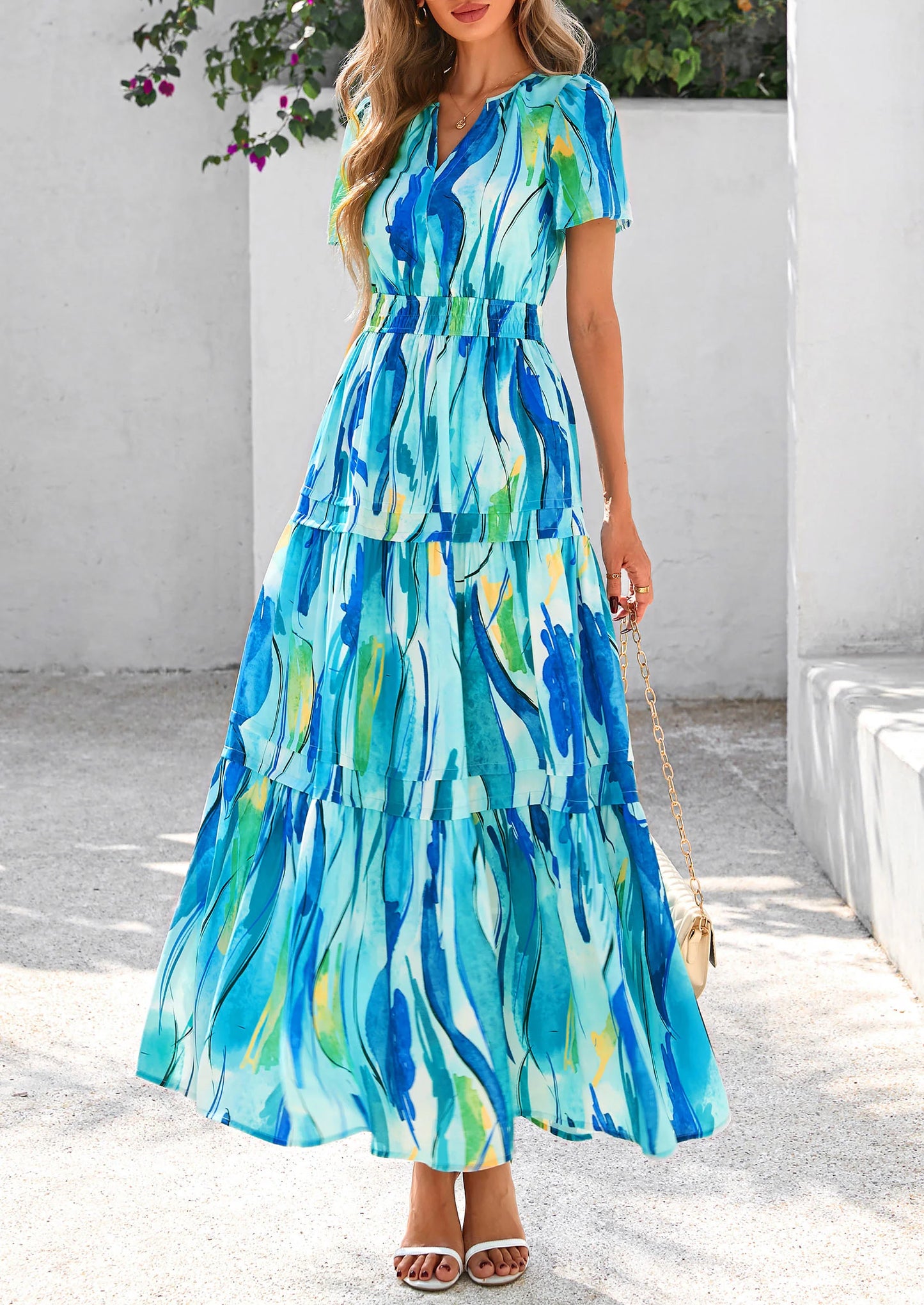 Women's Boho Maxi Dresses Floral Short Sleeve V Neck A Line Tiered Flowy Long Beach Vacation Dress