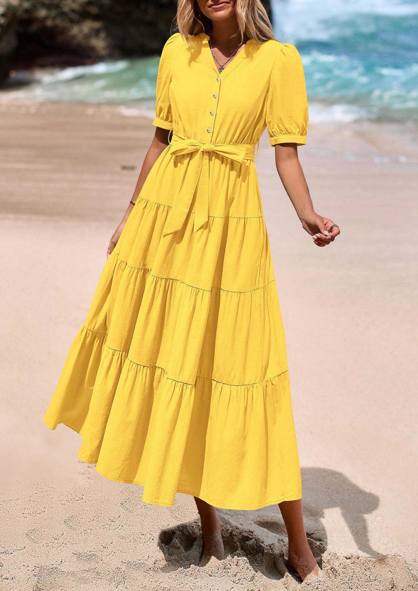 Women's Midi Dress Casual Short Sleeve V Neck Buttons Belted Ruffle A Line Flowy Dress with Pockets