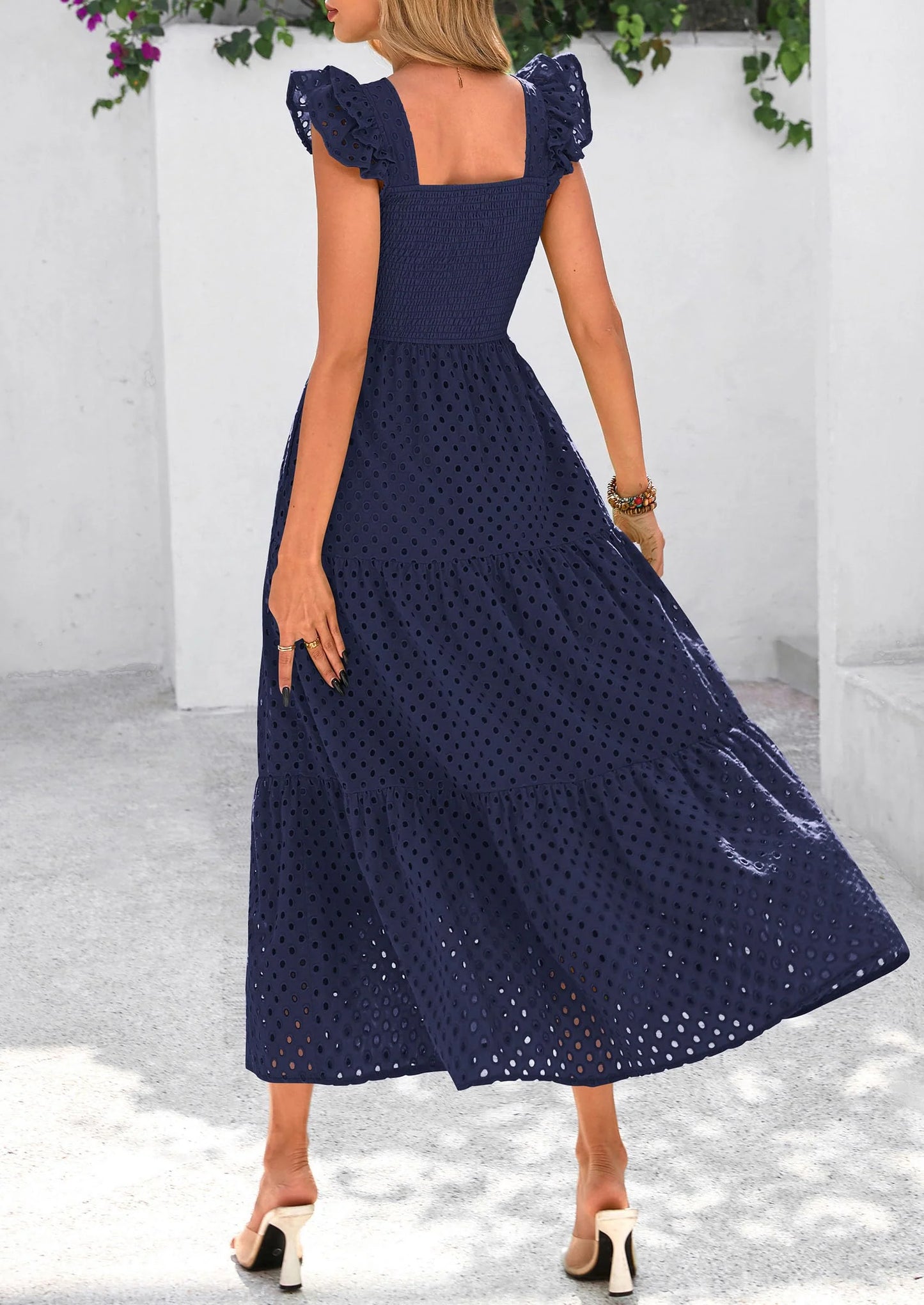 Womens Square Neck Maxi Dresses Cap Sleeve Eyelet Smocked Tiered A Line Flowy Long Dress with Pockets