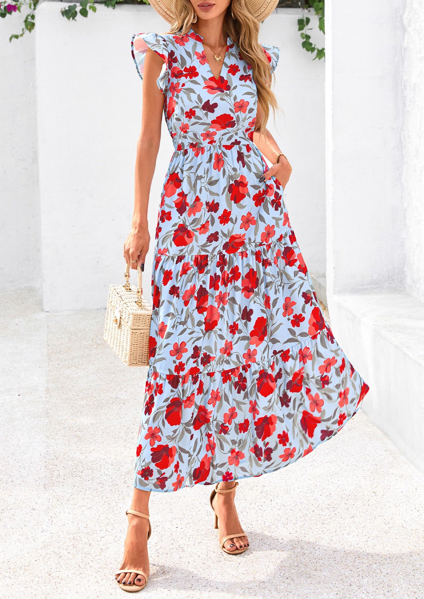 Women's Summer Floral Midi Dress Cap Sleeve V Neck Ruffle Long Flowy Boho Casual Beach Vacation Dresses