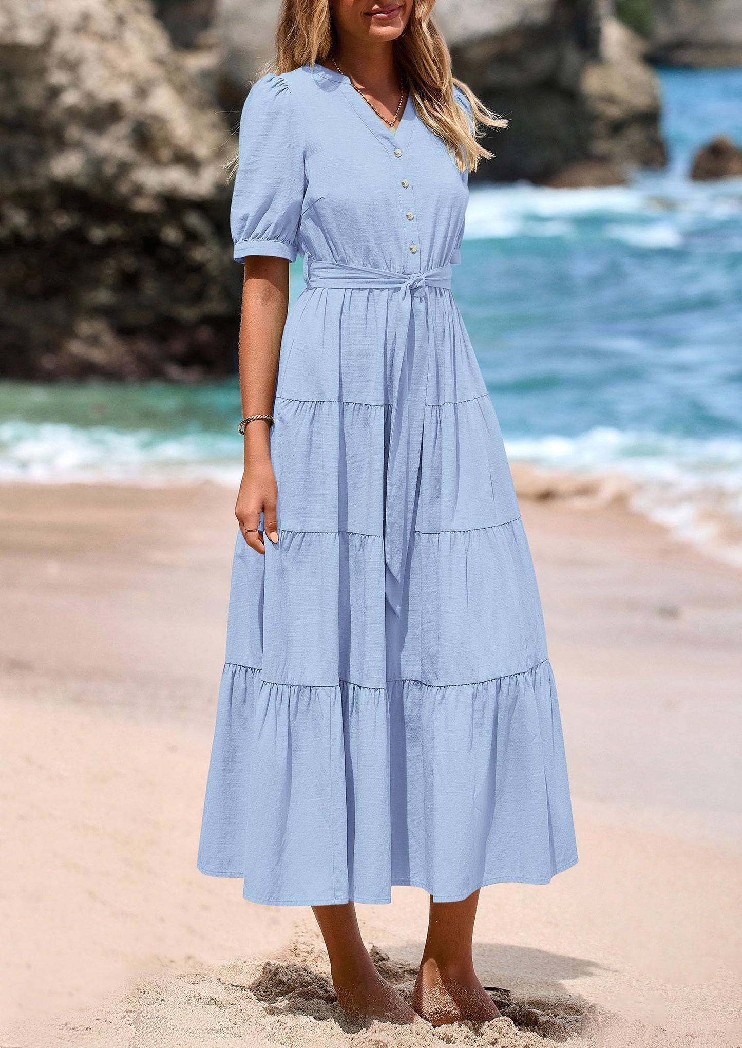 Women's Midi Dress Casual Short Sleeve V Neck Buttons Belted Ruffle A Line Flowy Dress with Pockets