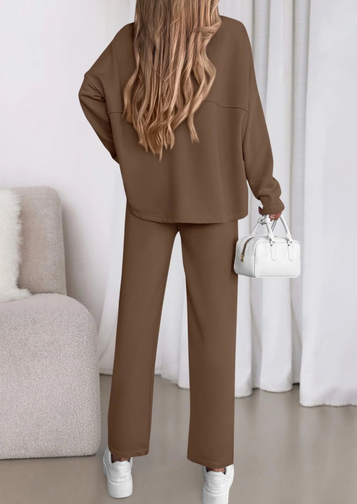 Womens 2 Piece Matching Lounge Sets Fall Long Sleeve Boatneck Sweatsuit Drawstring Sweatpants Pockets
