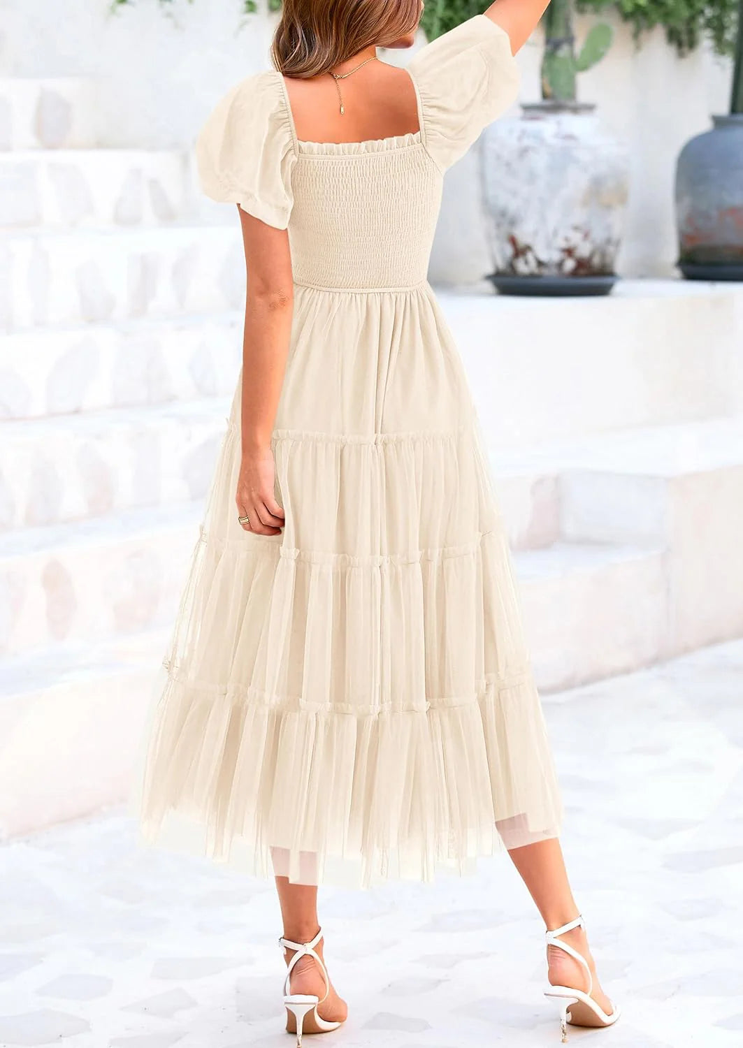 Women's Smocked Tulle Midi Dress Square Neck Puffy Short Sleeve Ruffle Wedding Guest Party Dresses
