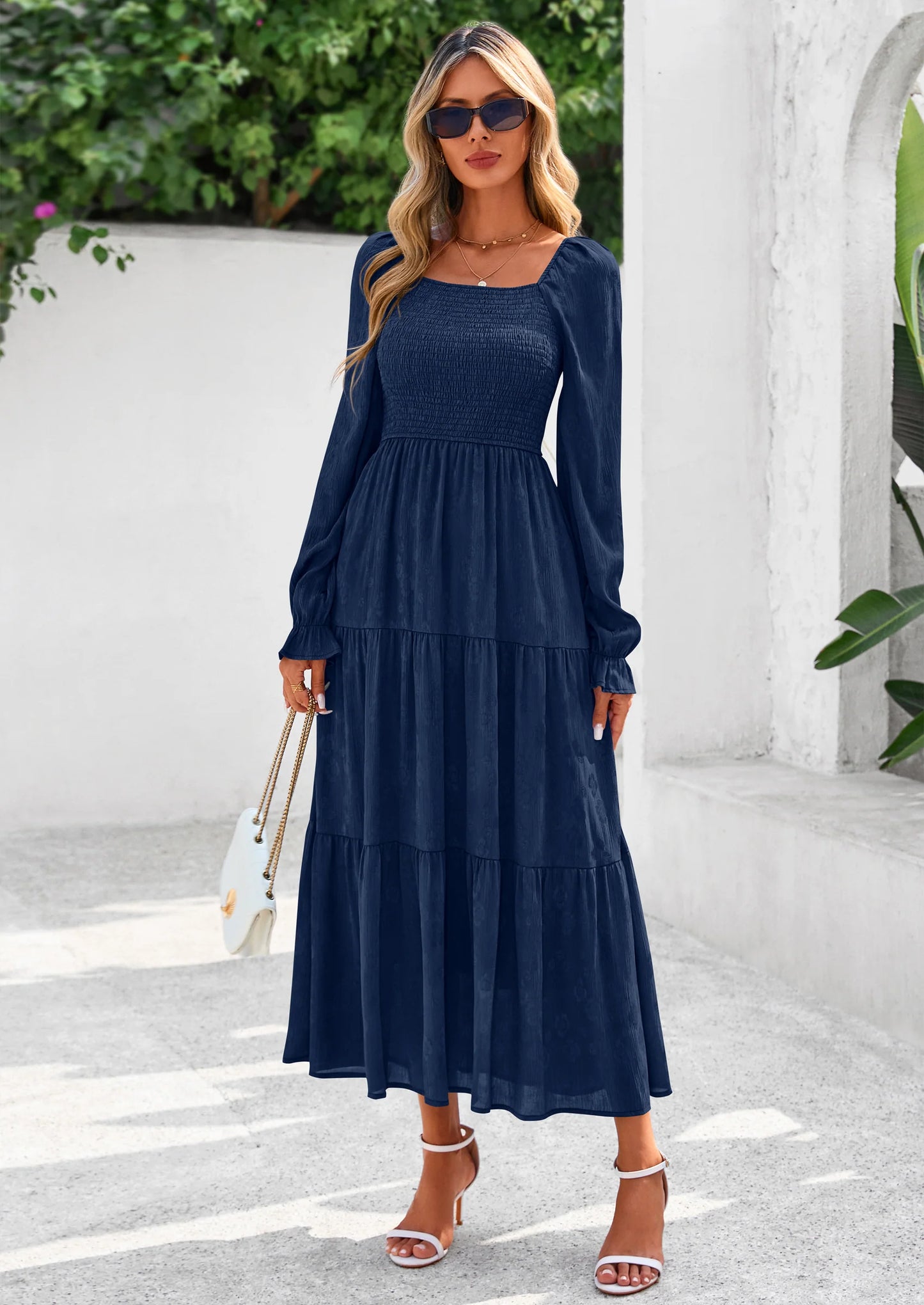 Fall Wedding Guest Dresses for Women Floral Long Sleeve Smocked Tiered Elegant Long Flowy Boho Dress