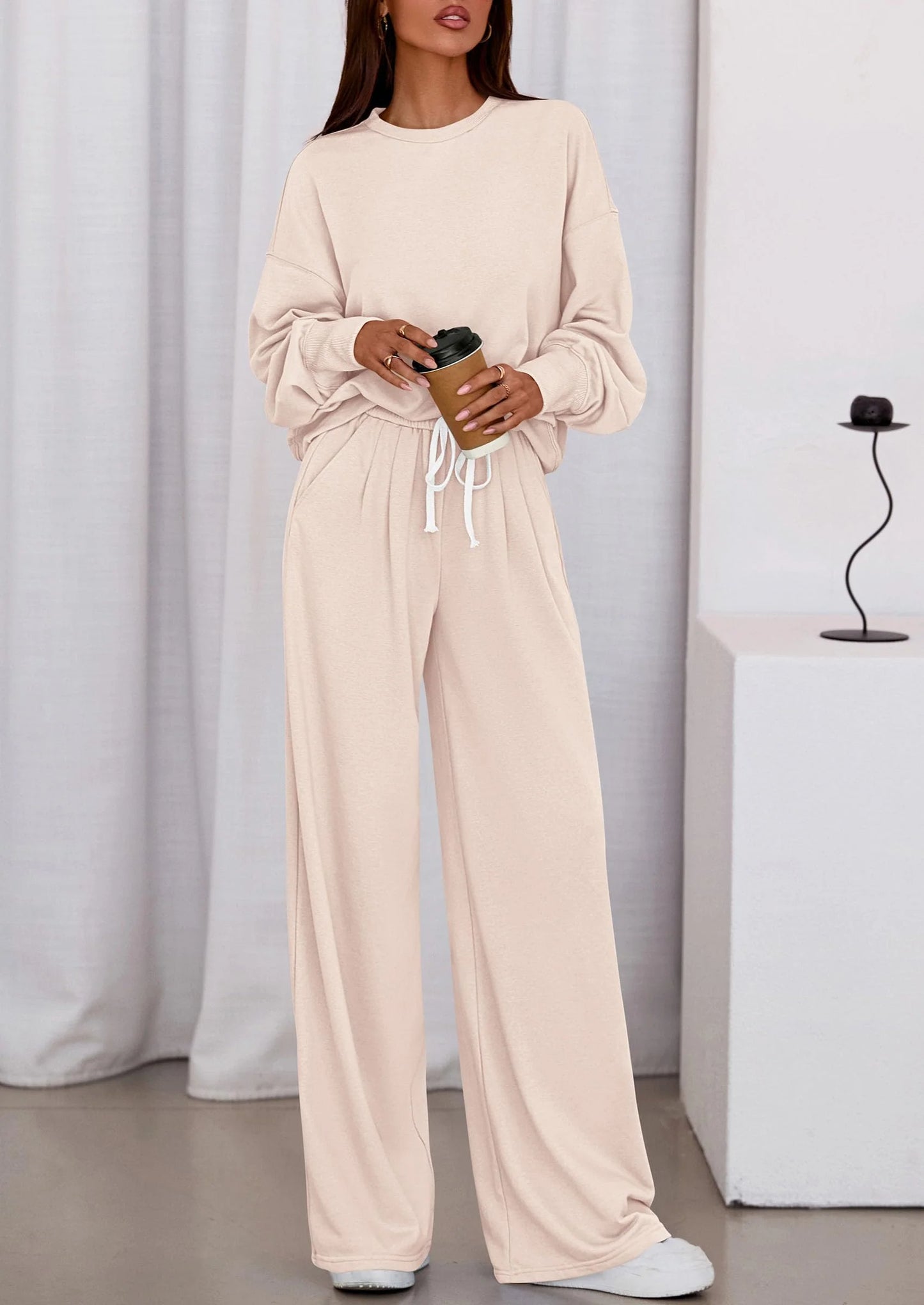Womens 2 Piece Sets Long Sleeve Sweatshirt Wide Leg Pants Loose Matching Lounge Set Trendy Fall Outfits