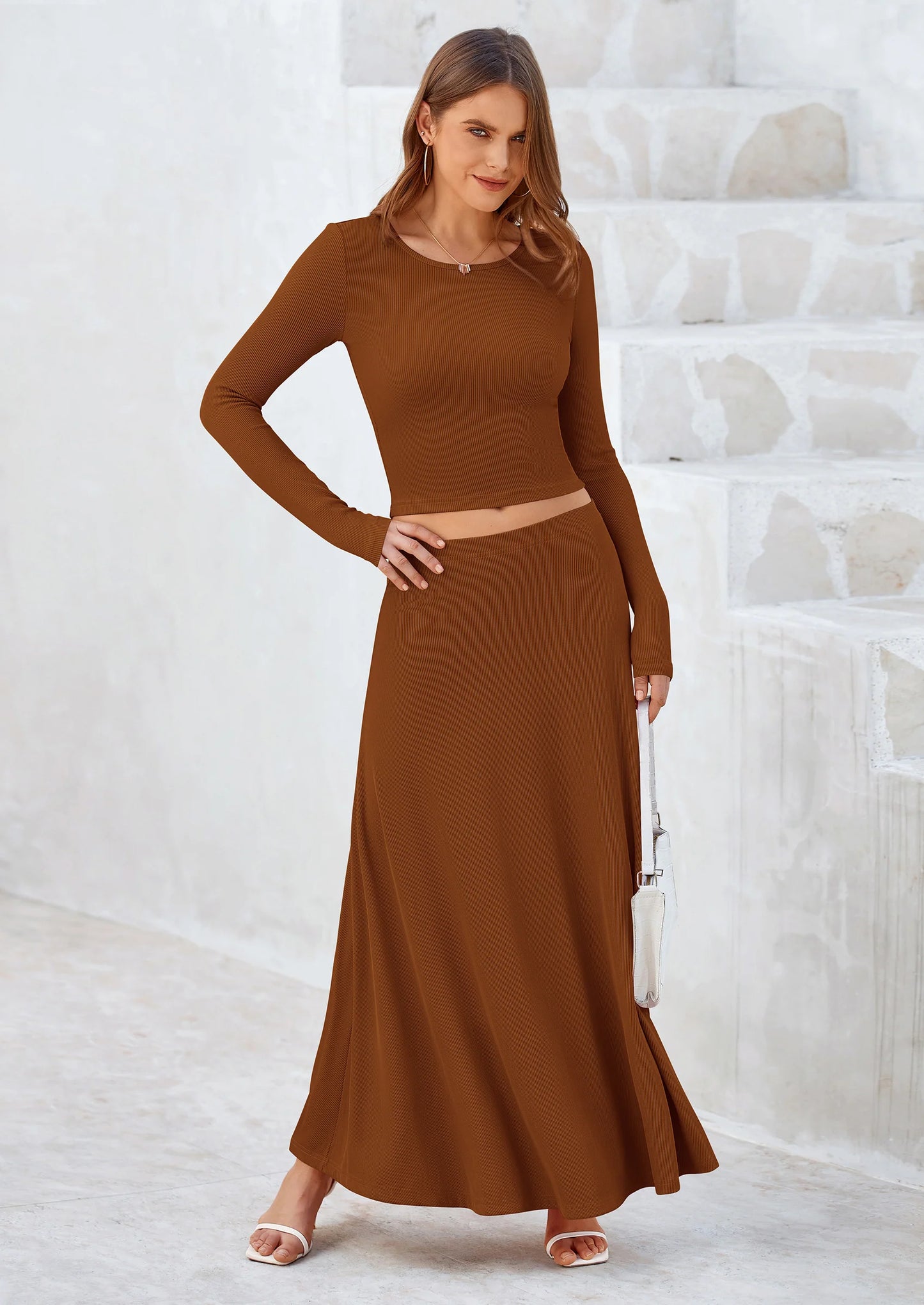 2 Piece Casual Ribbed Knit Long Sleeve Crop Tops Maxi Flowy Skirts Matching Sets