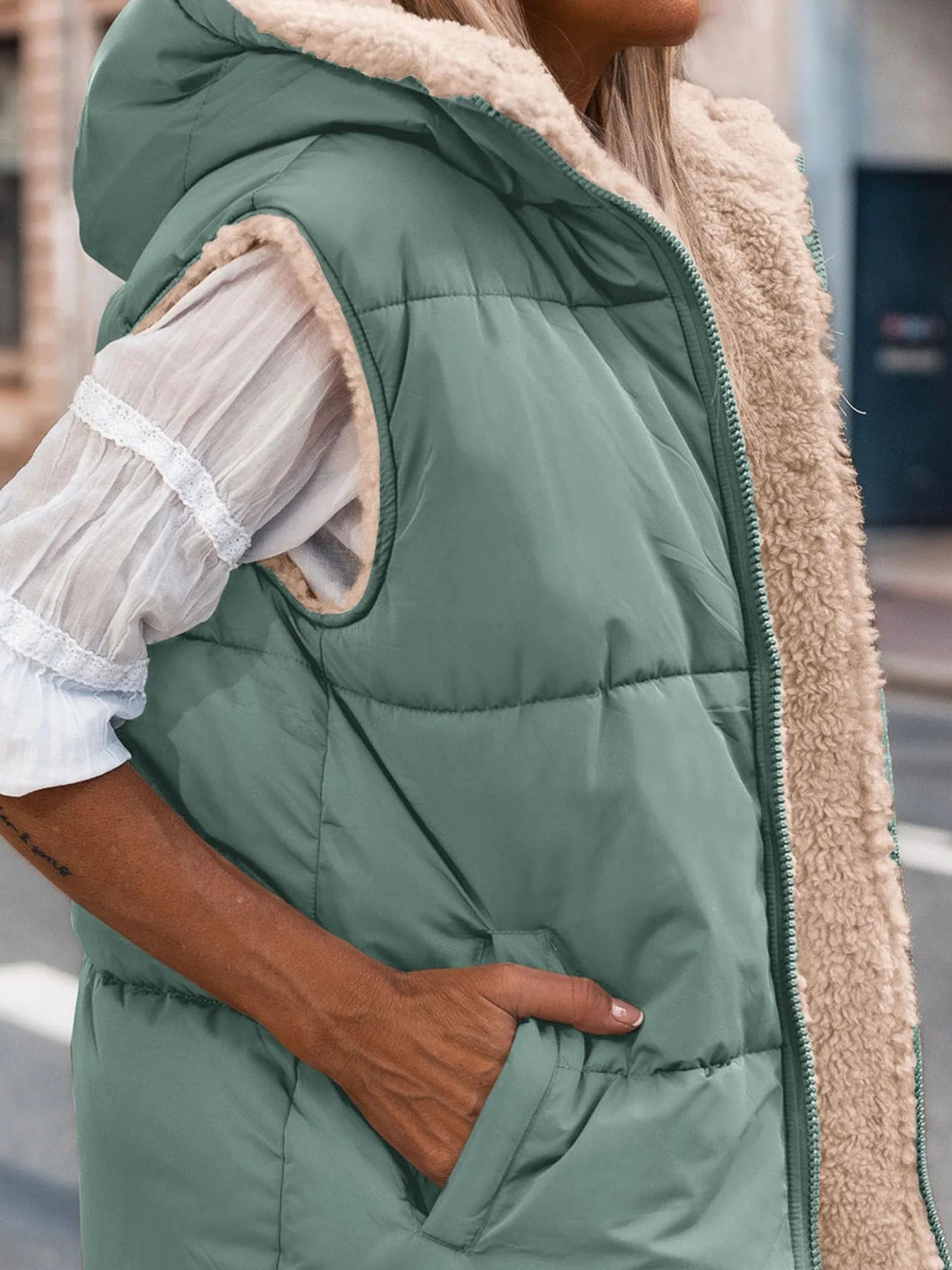 Womens Fall Reversible Vests Sleeveless Fleece Jacket Zip Up Hoodie Pockets Long Warm Winter Coat Outerwear