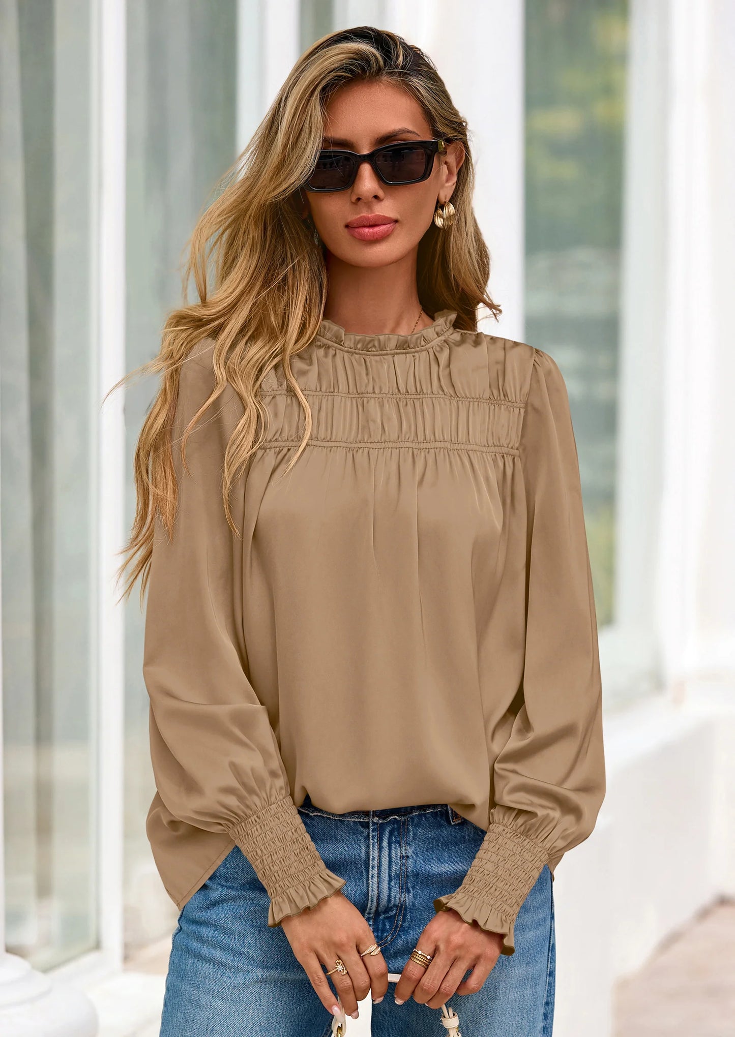 Blouses for Women Dressy Casual Fall Outfits Frill Neck Long Sleeve Shirts Satin Work Business Casual Tops