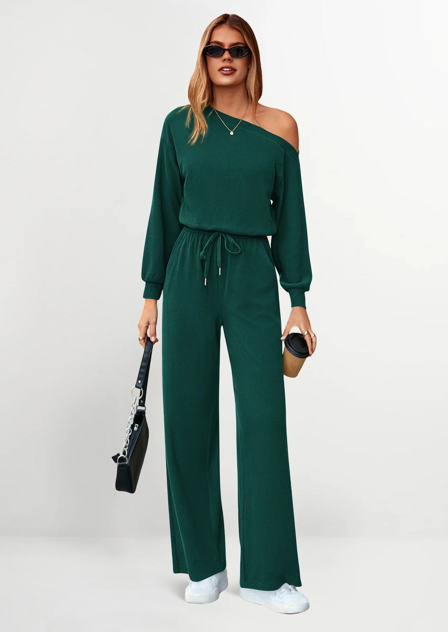 Long Sleeve Jumpsuit For Women Dressy Off Shoulder One Piece Loose Wide Leg Jumpsuits Casual Flowy Romper