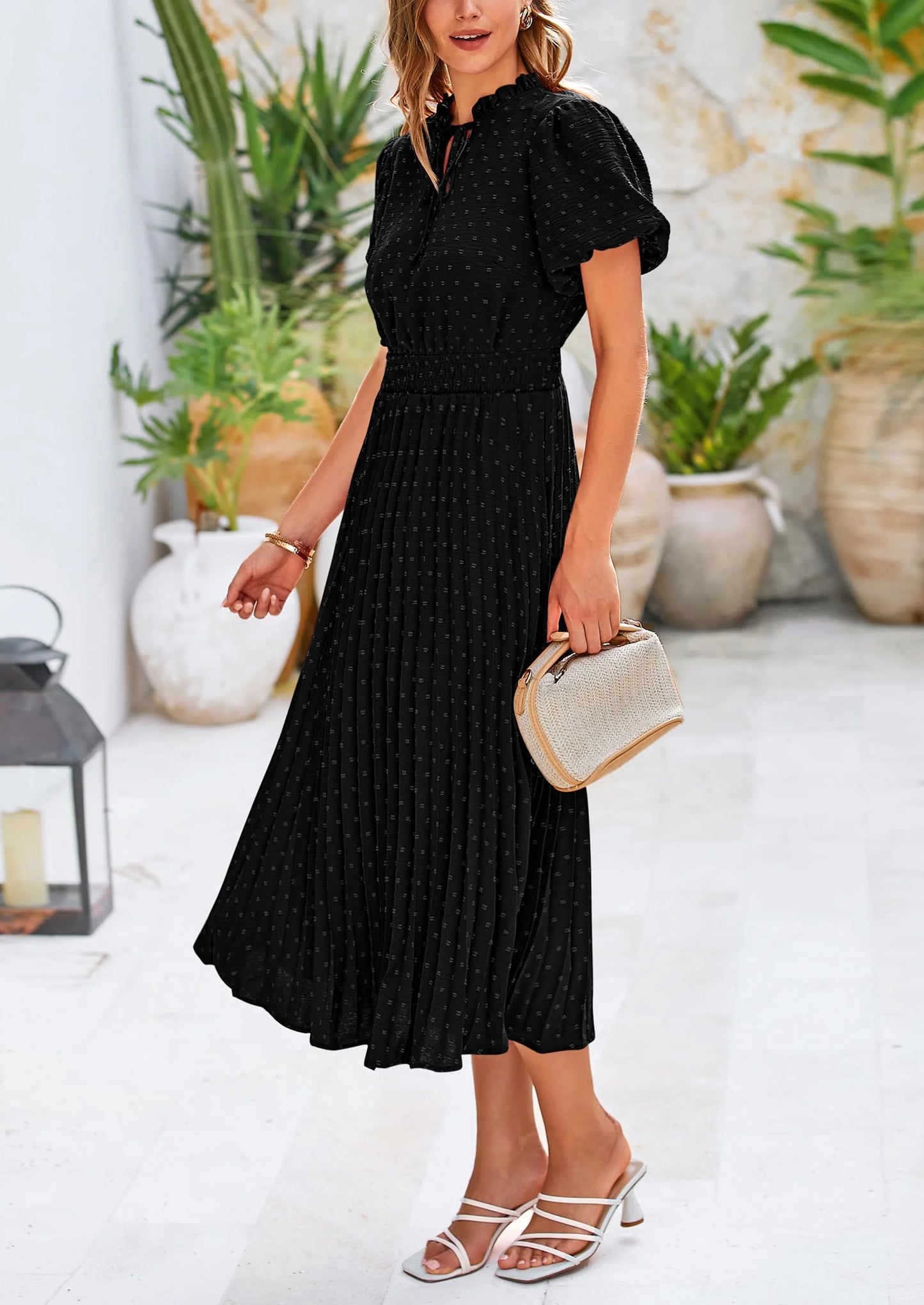 Womens Midi Dresses Puff Short Sleeve V Neck Swiss Dot Pleated A Line Flowy Long Wedding Guest Dress