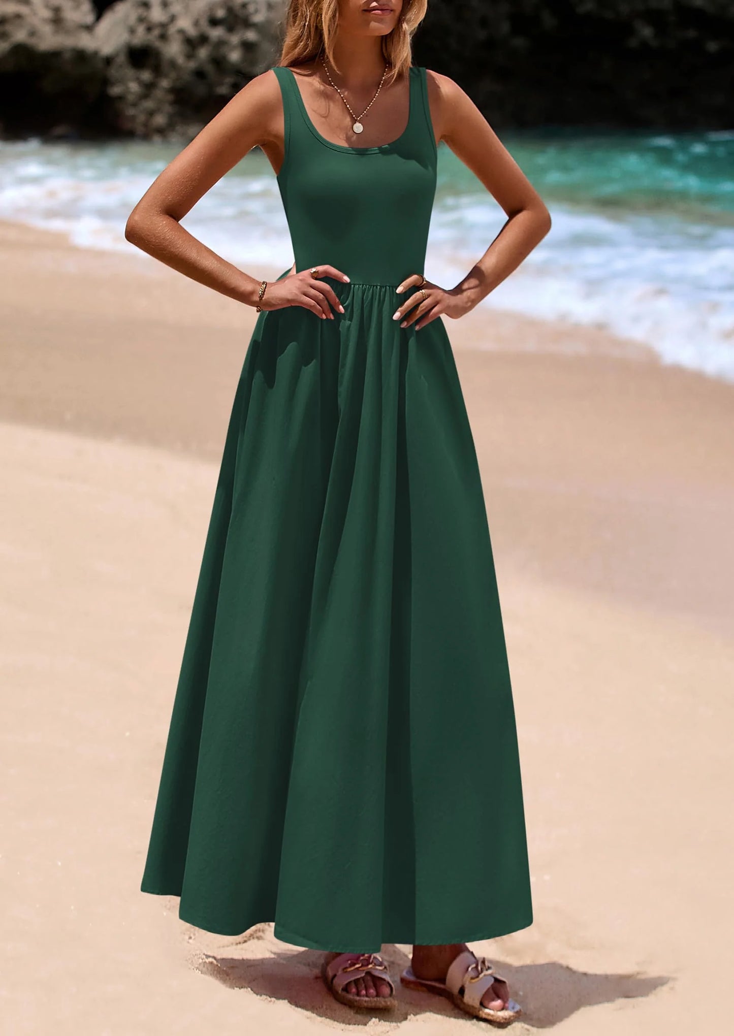 Womens Summer Casual Scoop Neck Sleeveless Long Dresses Tank Top Patchwork Aline Swing Maxi Dress with Pockets