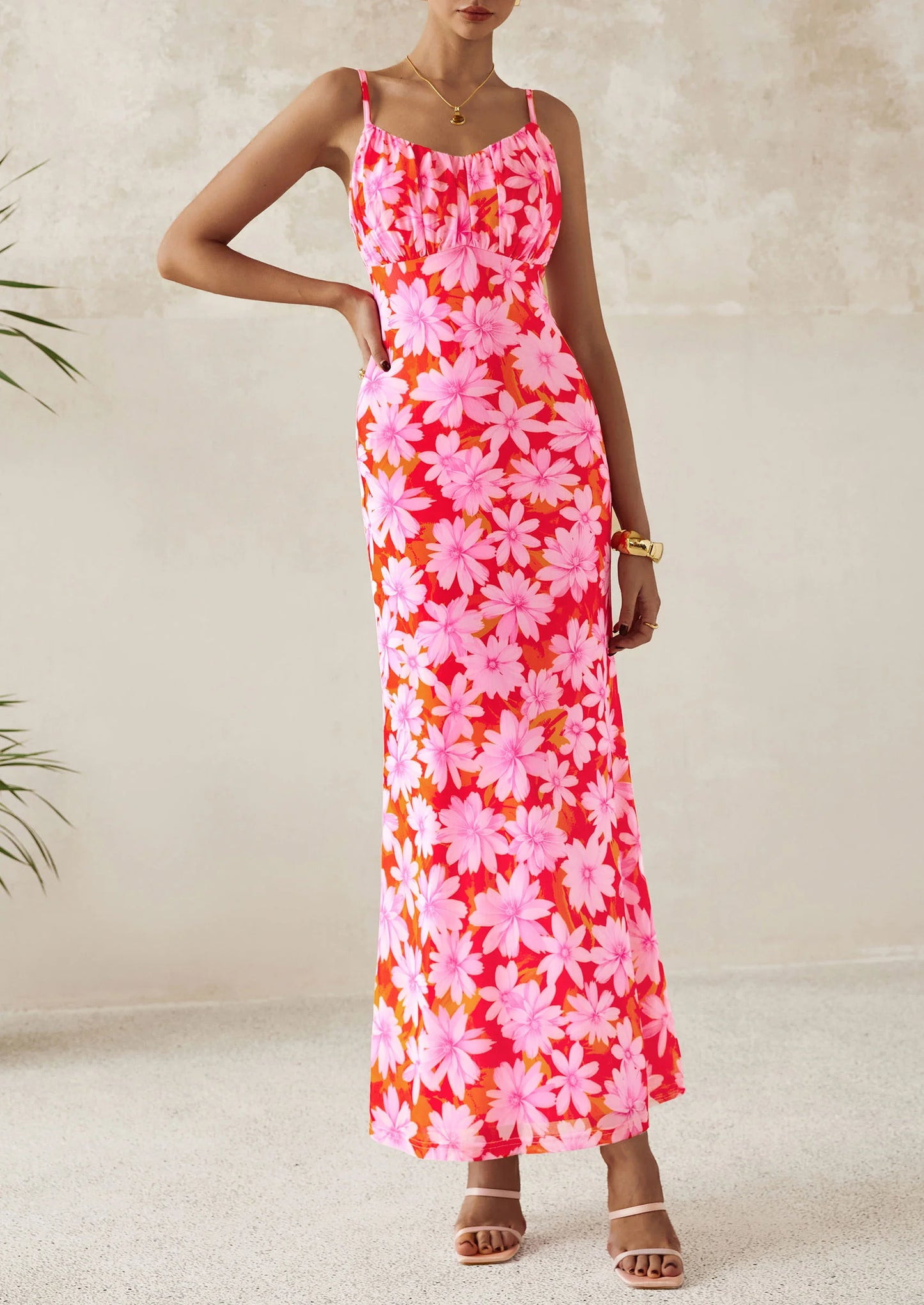 Women's Bodycon Maxi Dress Floral Sundress Sleeveless Spaghetti Strap Cocktail Party Dress