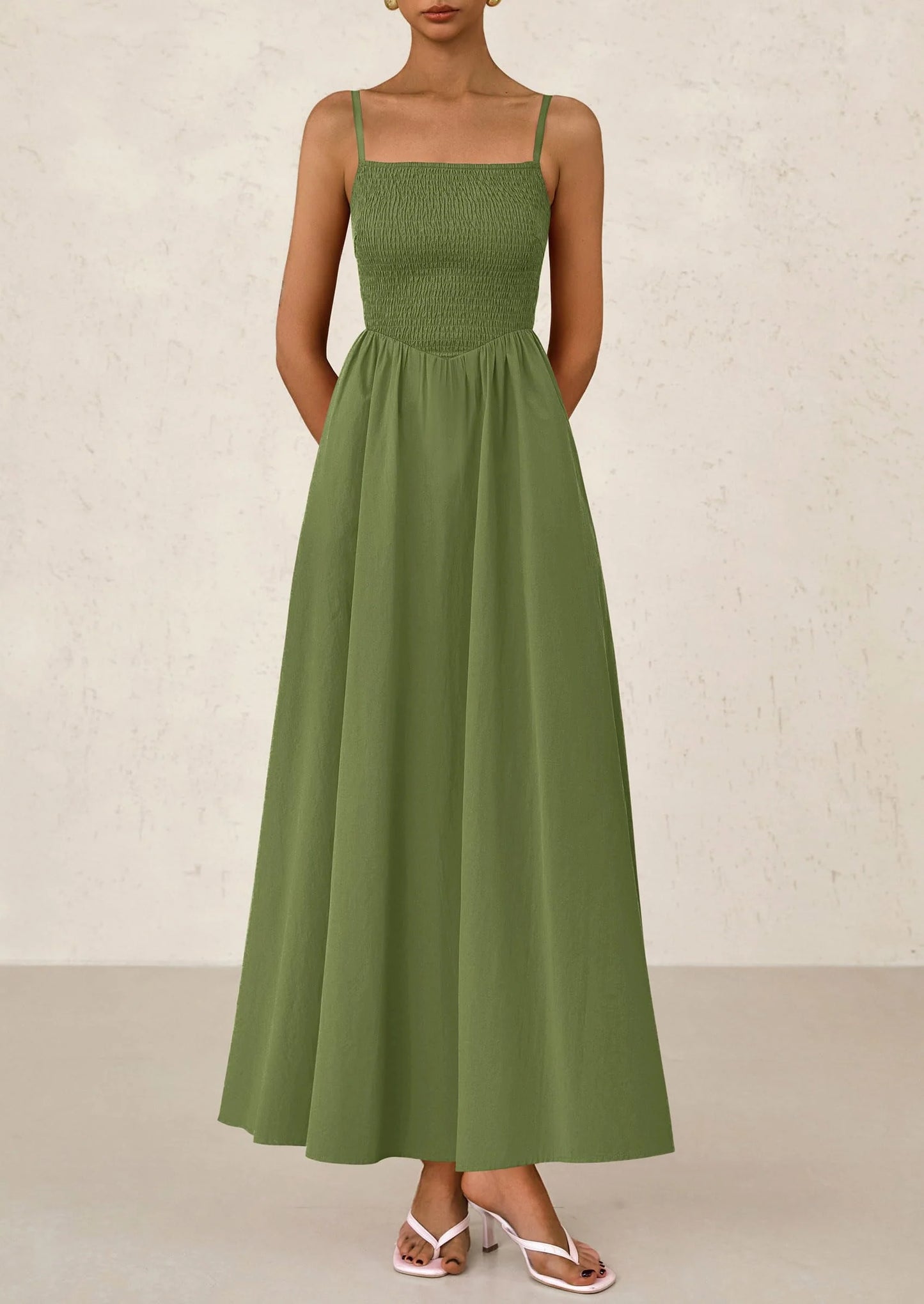 Women's Smocked Maxi Dresses Beach Sundress Casual Spaghetti Strap Swing A Line Long Flowy Dress