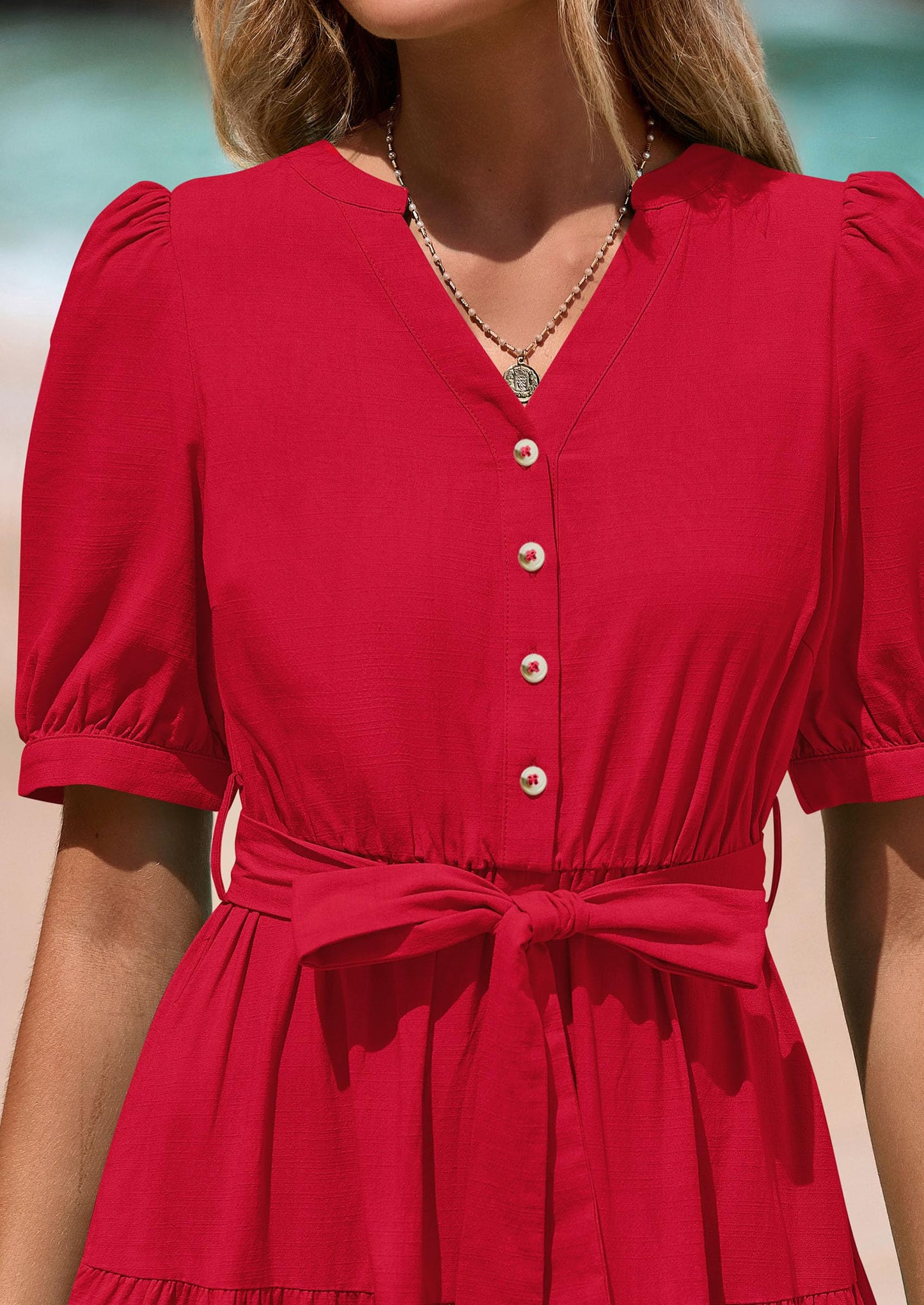 Women's Midi Dress Casual Short Sleeve V Neck Buttons Belted Ruffle A Line Flowy Dress with Pockets