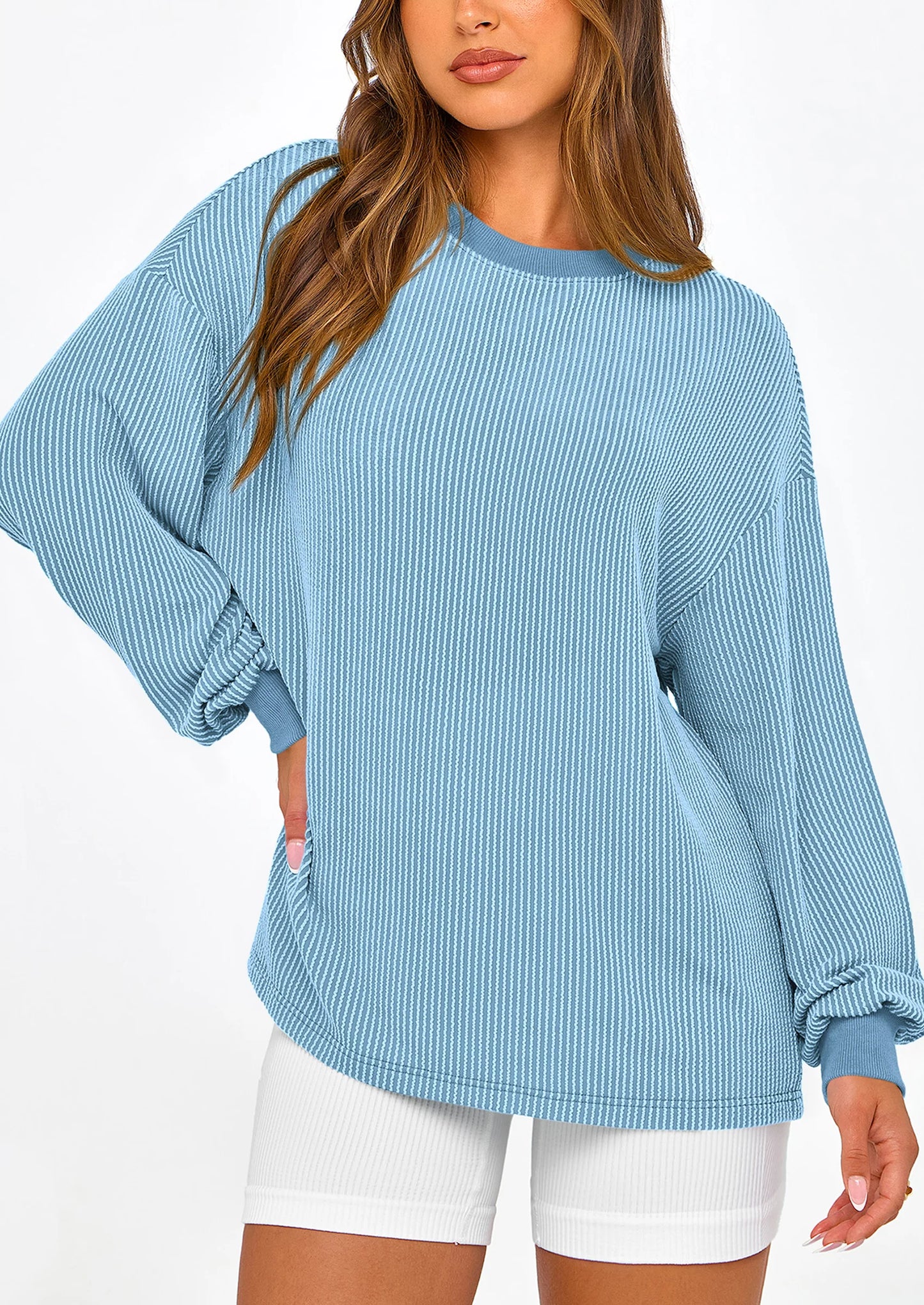 Women's Long Sleeve Tee Shirts Spring Fall Trendy Clothes Casual Loose Crewneck Ribbed Blouse Tunic Tops