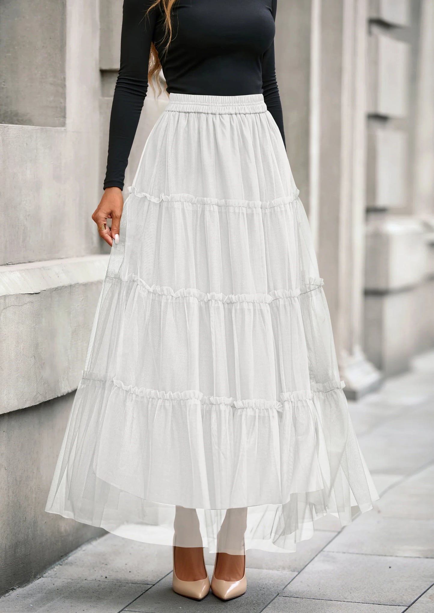Maxi Skirts for Women Fall Tulle High Waisted Ruffle Flowy A-Line Long Skirt Country Concert Outfits