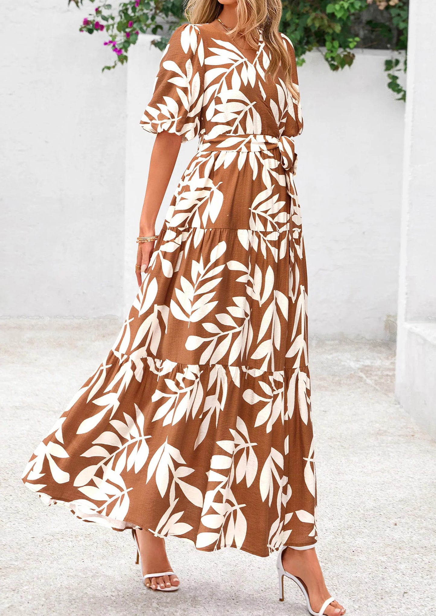Women's Maxi Dress Resort Wear Boho Floral V Neck Puff Short Sleeve Ruffle Flowy Beach Long Dresses