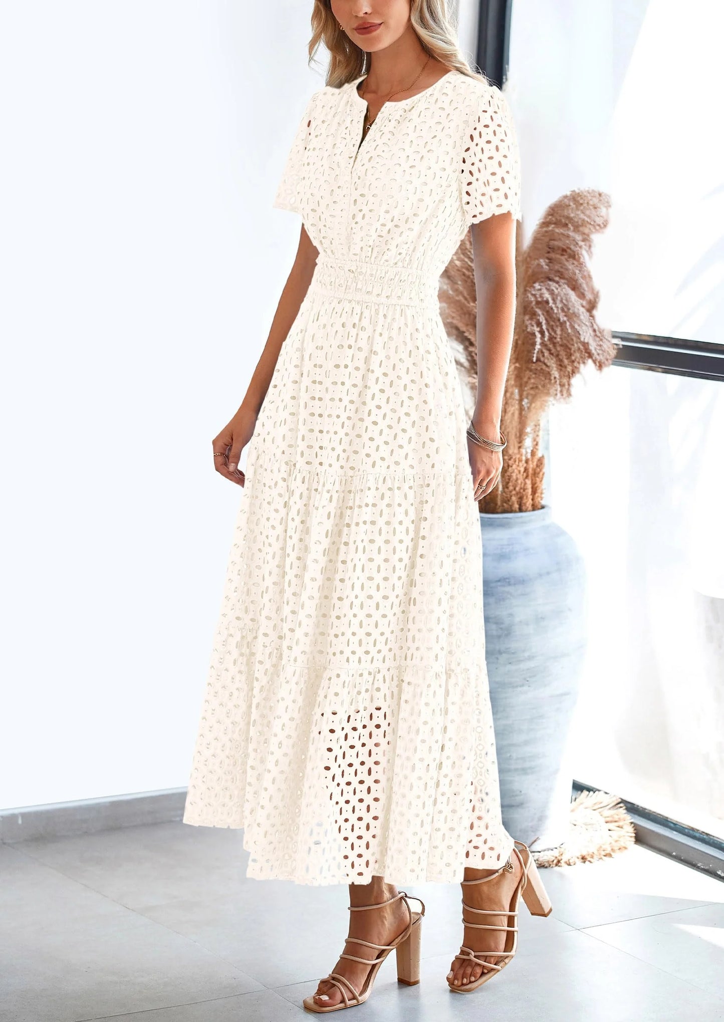 Womens Maxi Dress Short Sleeve V Neck Hollow Out Eyelet A Line Long Flowy Beach Vacation Dresses