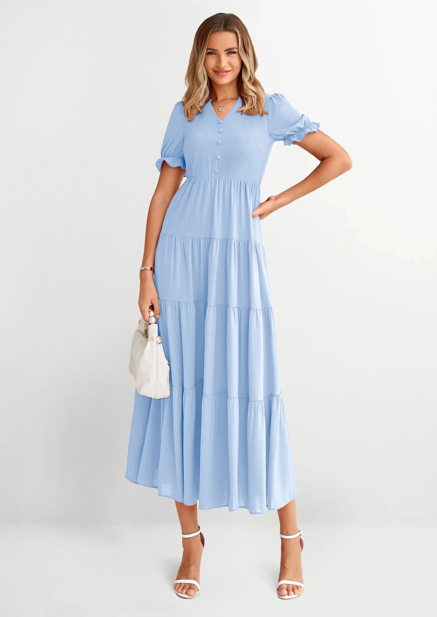 Women's Casual Short Sleeve V Neck Midi Dresses Spring A-line Tiered Wedding Guest Dress