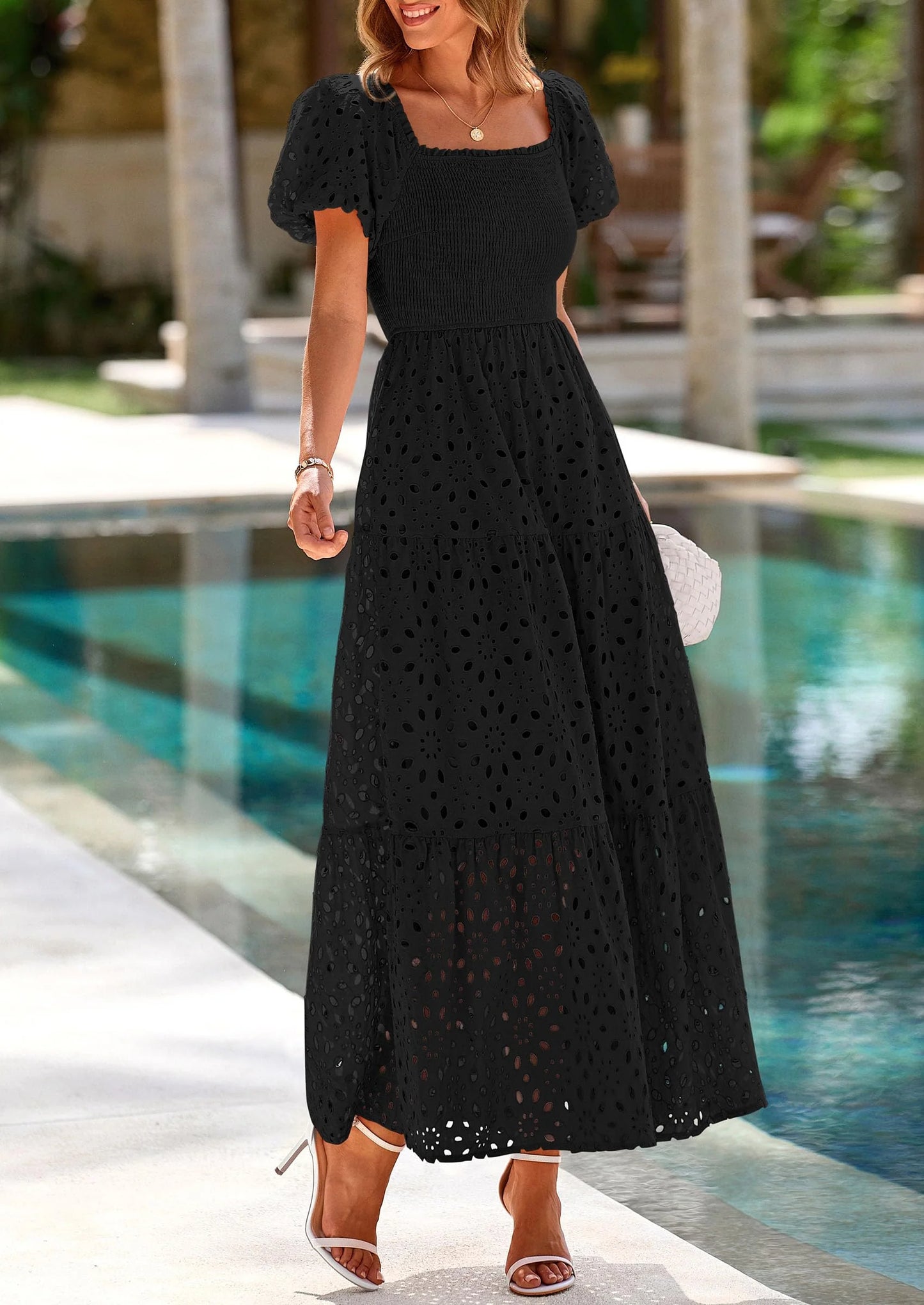 Dresses for Women Eyelet Square Neck Puff Sleeve Smocked Wedding Guest Maxi Dress with Pockets