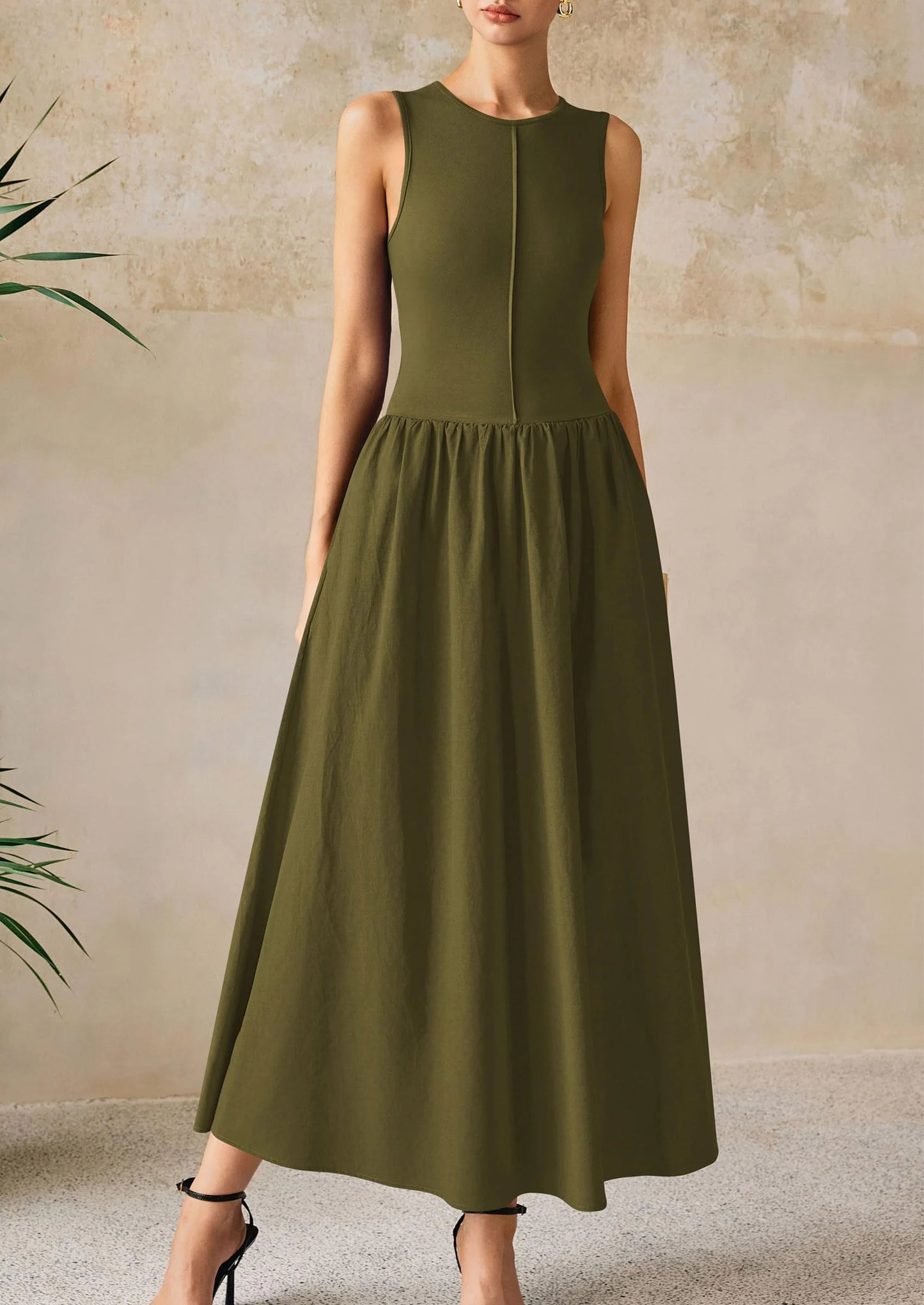 Women Maxi Dresses Casual Sleeveless Patchwork Knit Tank Dress Flowy Beach Sundress Long Dress