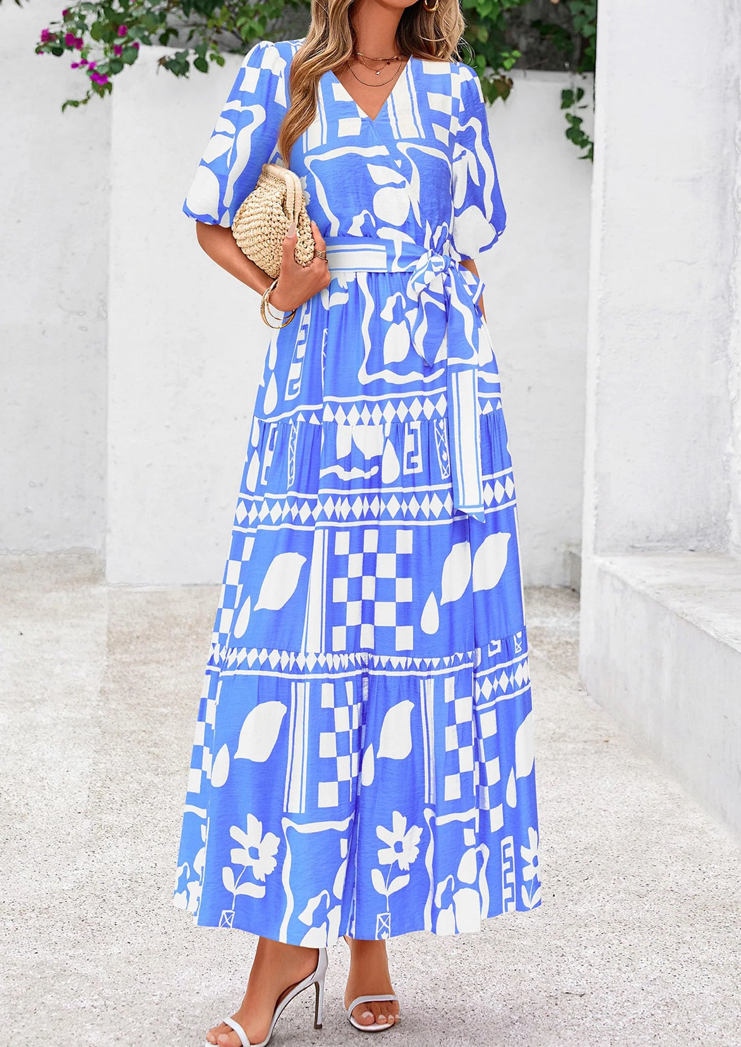 Women's Maxi Dress Resort Wear Boho Floral V Neck Puff Short Sleeve Ruffle Flowy Beach Long Dresses