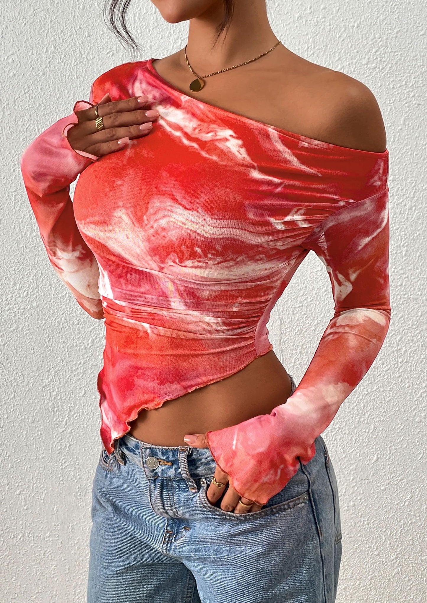 Womens Fall Trendy Off Shoulder Tops Tie Dye Mesh Long Sleeve Shirts Asymmetrical Ruched Floral Blouse