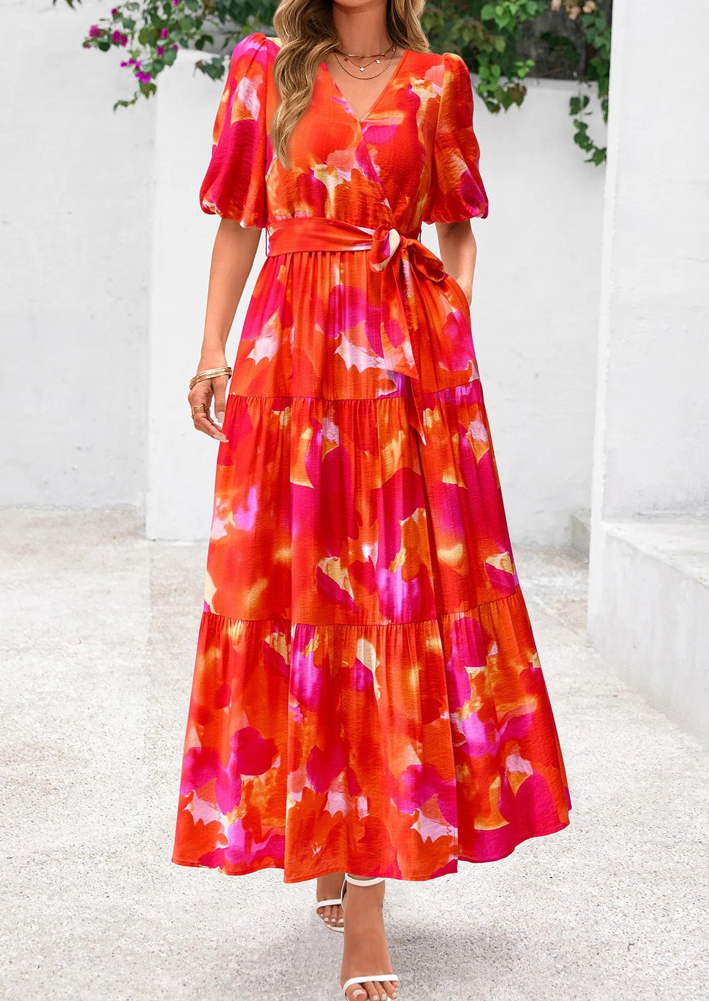 Women's Maxi Dress Resort Wear Boho Floral V Neck Puff Short Sleeve Ruffle Flowy Beach Long Dresses