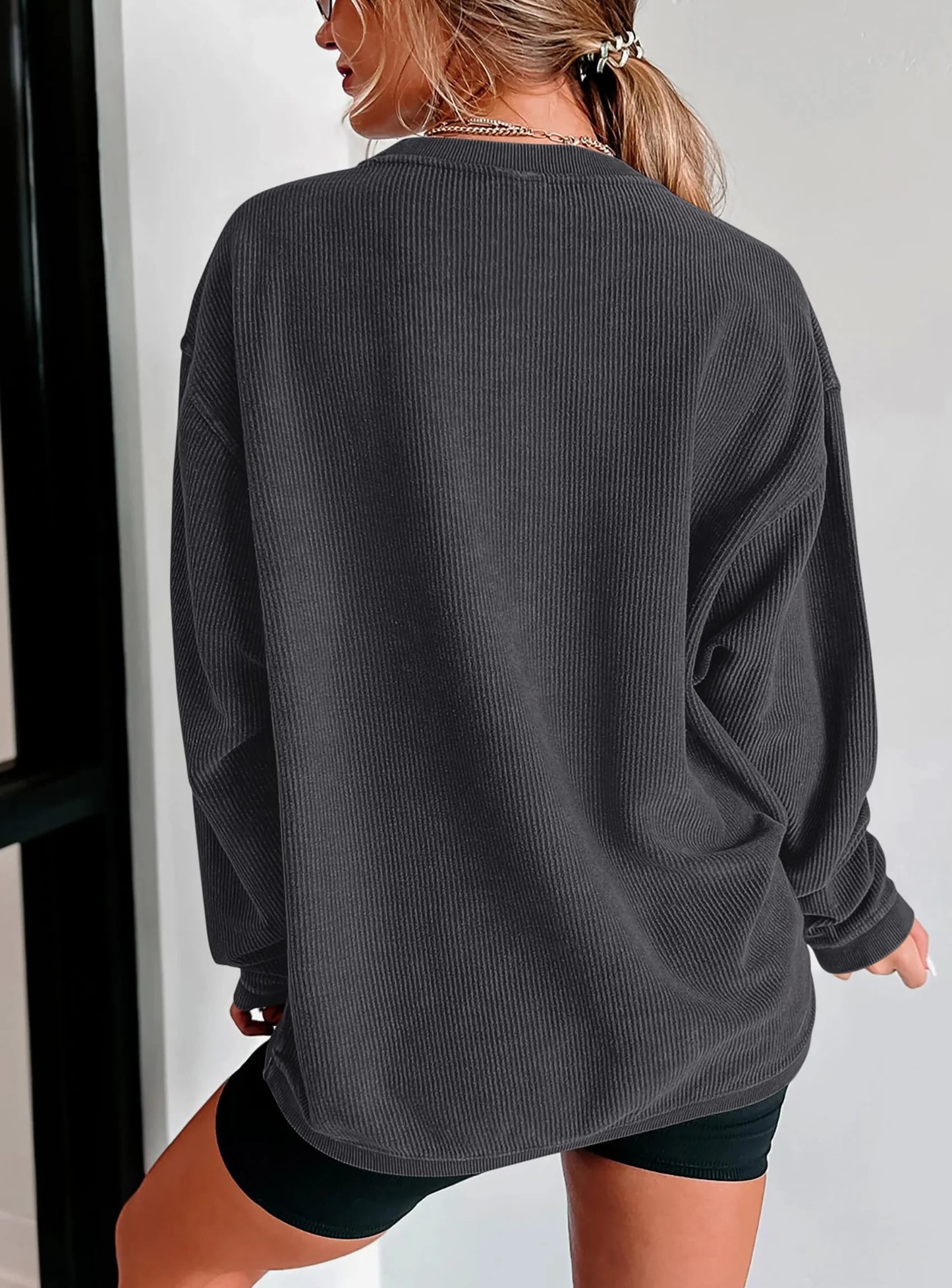 Women's Oversized Sweatshirt 2025 Fall Fashion Clothes Ribbed Corduroy Long Sleeve Going Out Pullover Tops