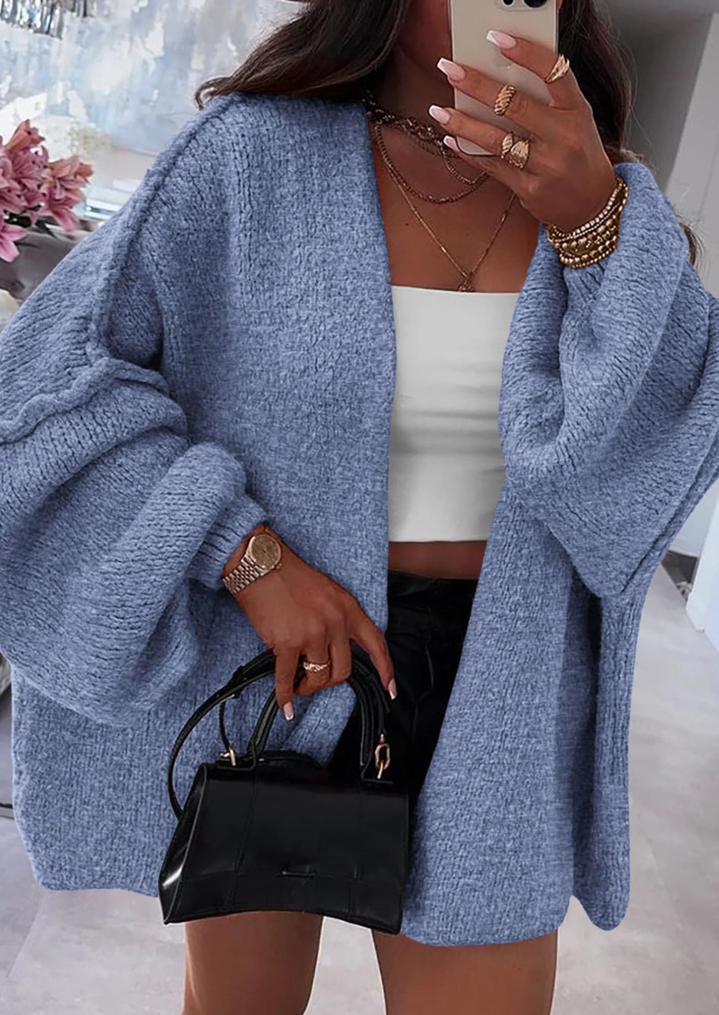 Womens Oversized Cardigan Sweaters Fall Long Lantern Sleeve Knit Open Front Lightweight Sweater
