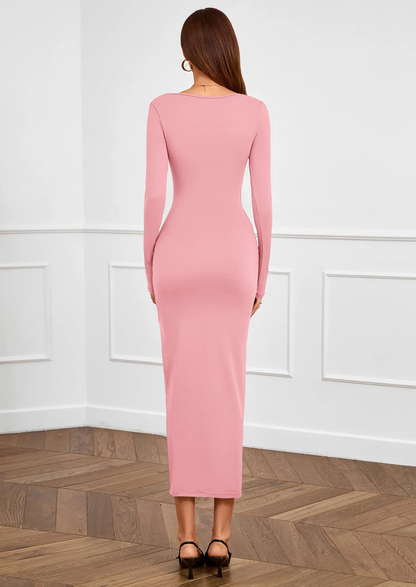 Women's Fall Wedding Guest Cocktail Midi Dresses Elegant Long Sleeve Bodycon Ruched Dress Fashion Clothing