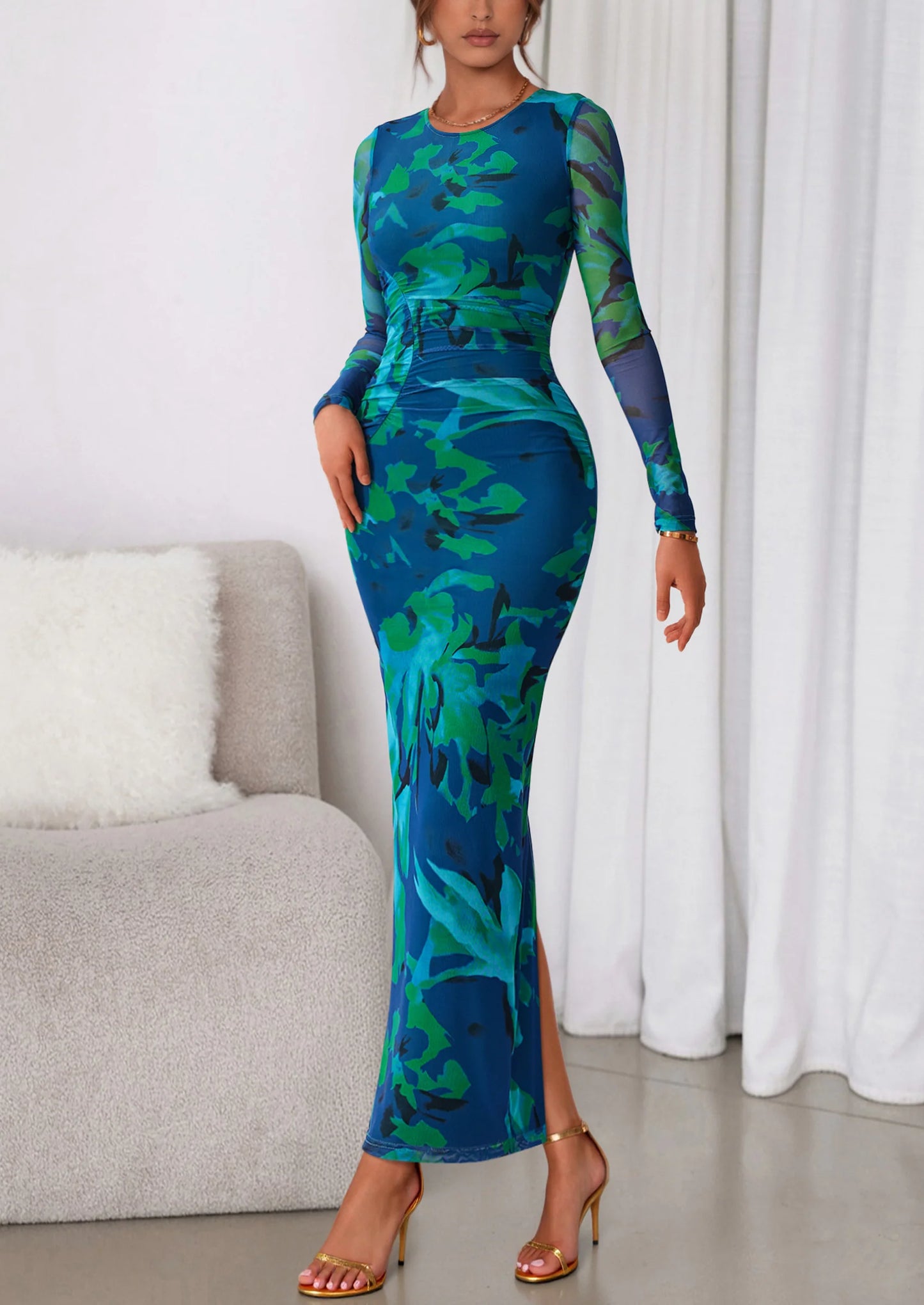 Women's Fall Wedding Guest Dresses Long Sleeve Fitted Ruched Slit Bodycon Mesh Floral Party Maxi Dress