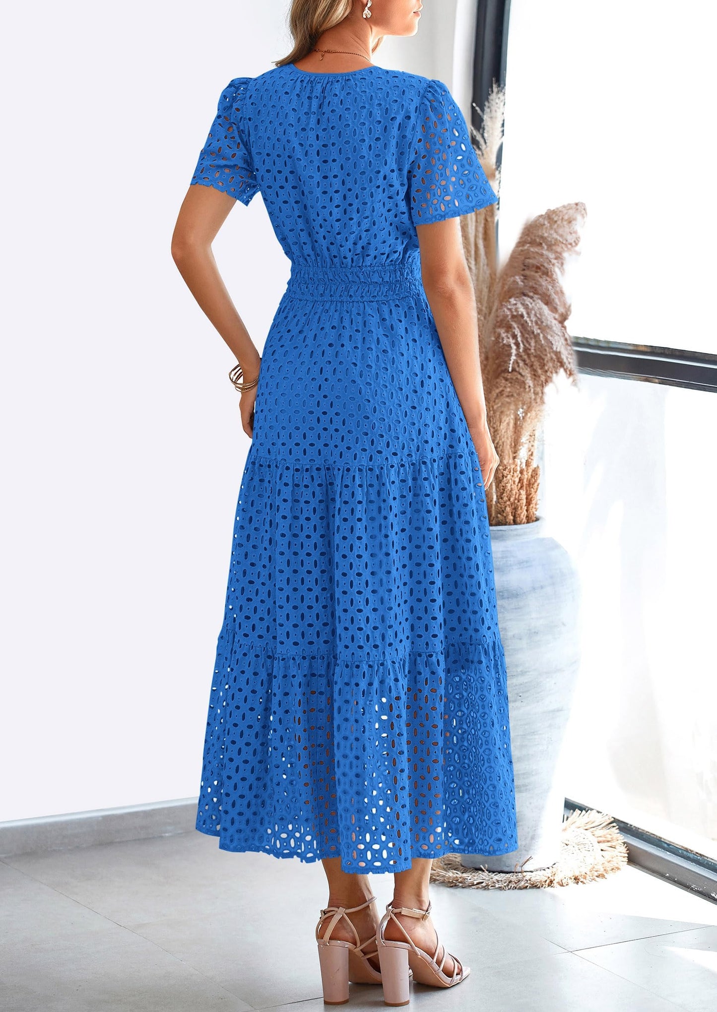 Womens Maxi Dress Short Sleeve V Neck Hollow Out Eyelet A Line Long Flowy Beach Vacation Dresses