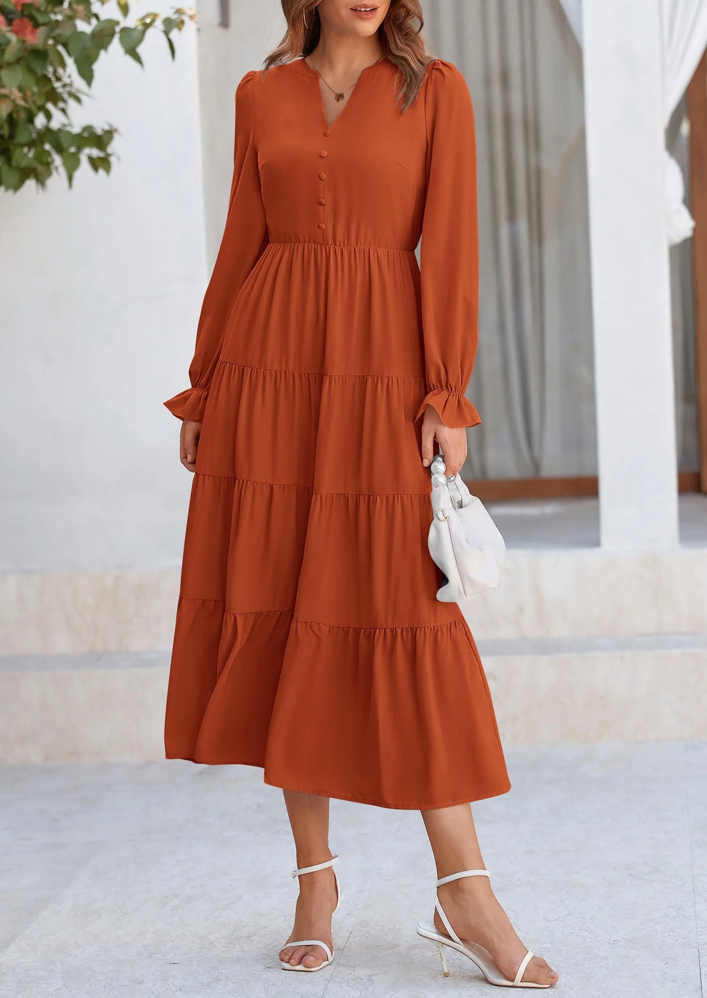 Women Fall Long Sleeve Smocked Maxi Dress Casual Square Neck Swiss Dot Tiered Ruffle Flowy Spring Pocket Dresses