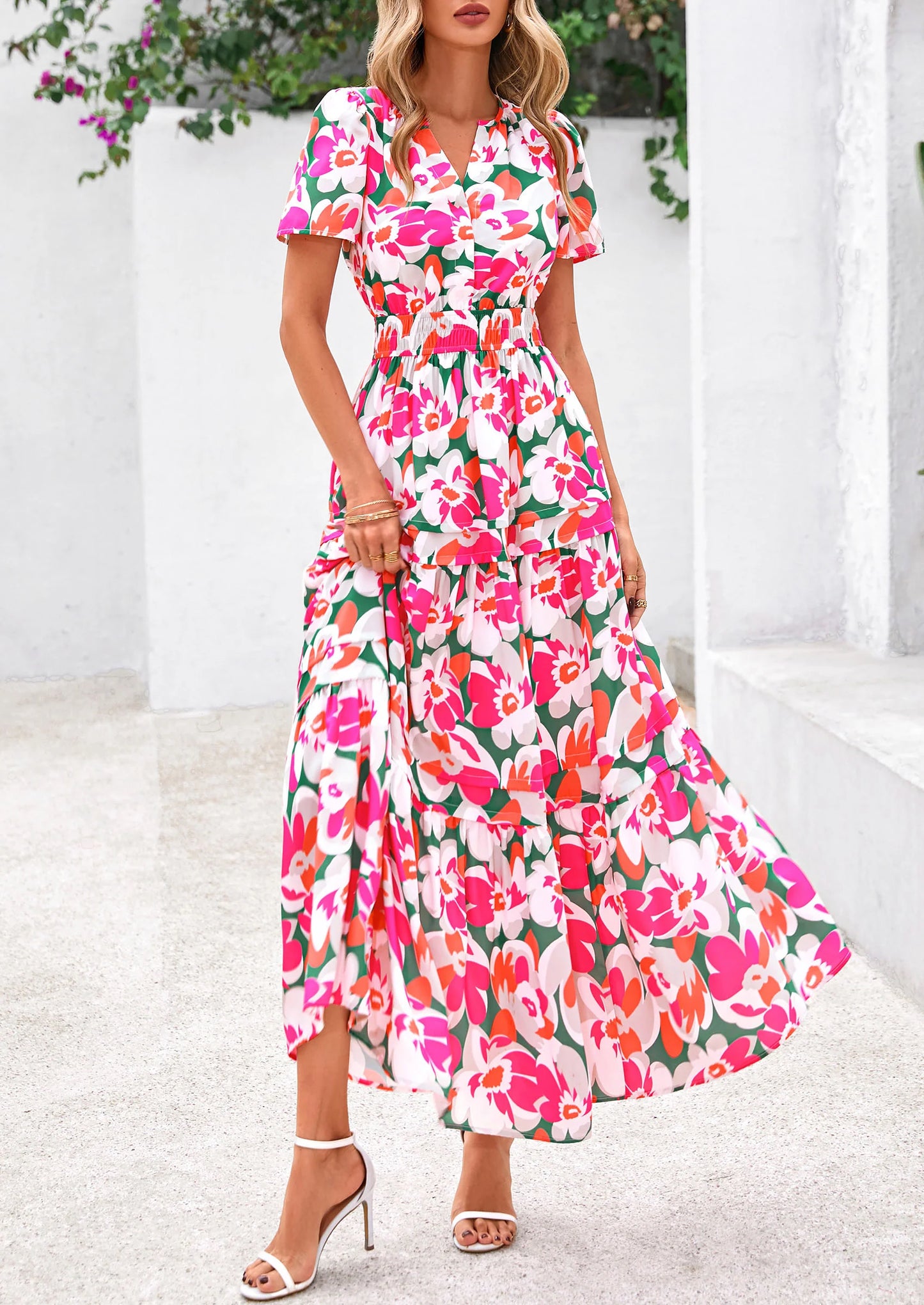 Women's Boho Maxi Dresses Floral Short Sleeve V Neck A Line Tiered Flowy Long Beach Vacation Dress
