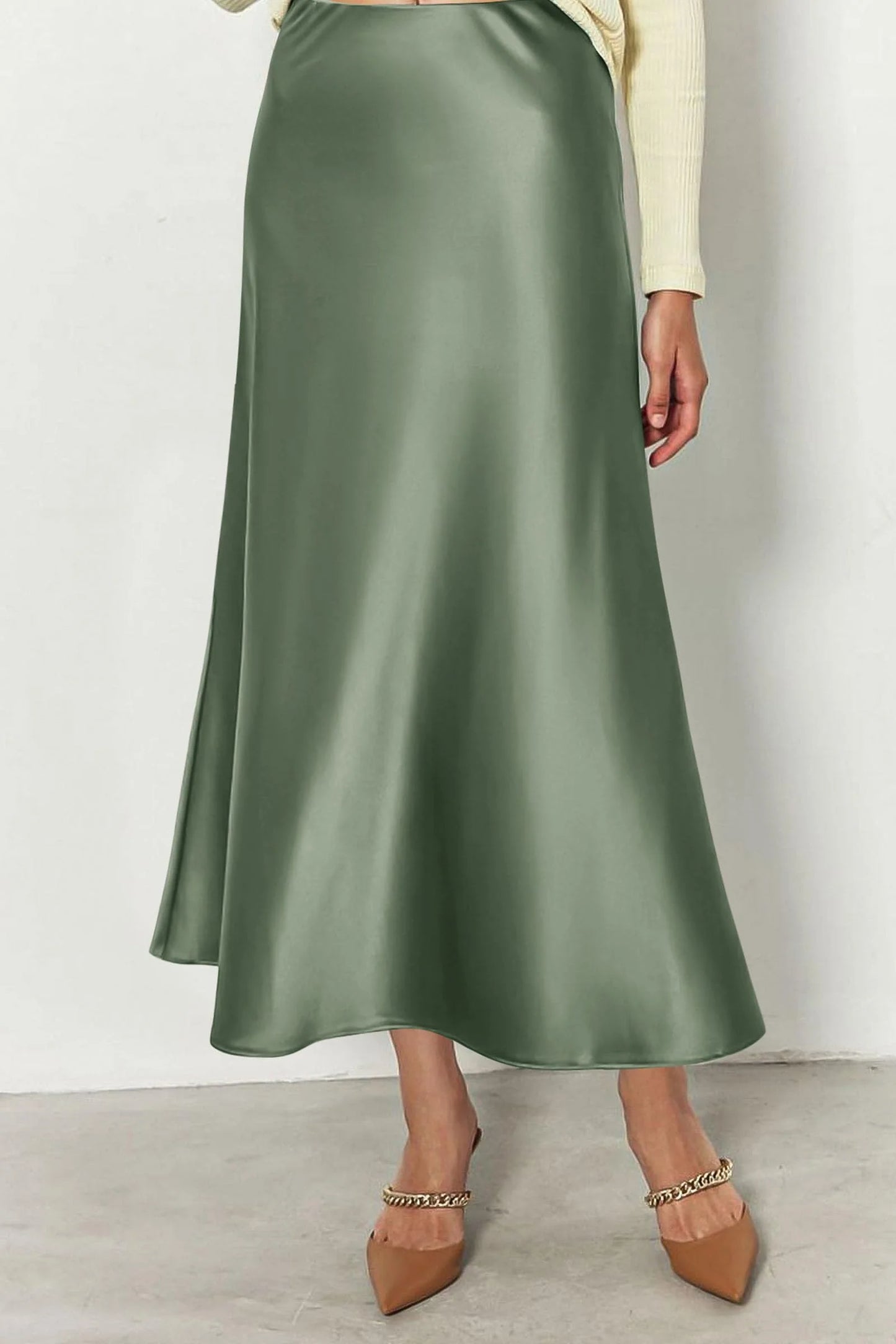 Women's Satin Skirts Dressy Casual Fall High Waisted Cocktail Wedding Flowy Elegant A Line Midi Skirt