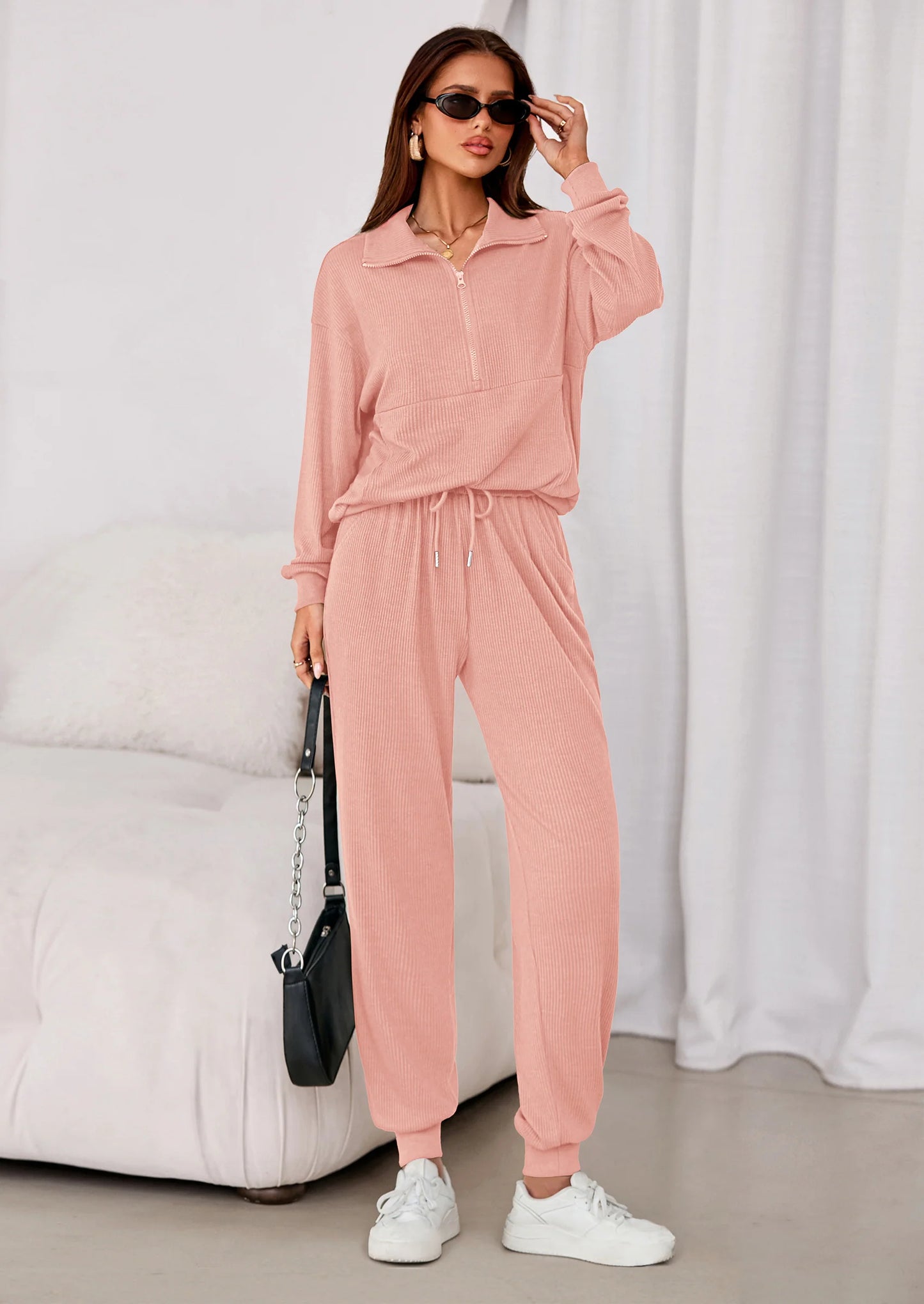 Women's Fall 2 Piece Lounge Sets Zip Up Sweatshirt Jogger Pants Sweat Track Suits Travel Outfit Winter Clothing