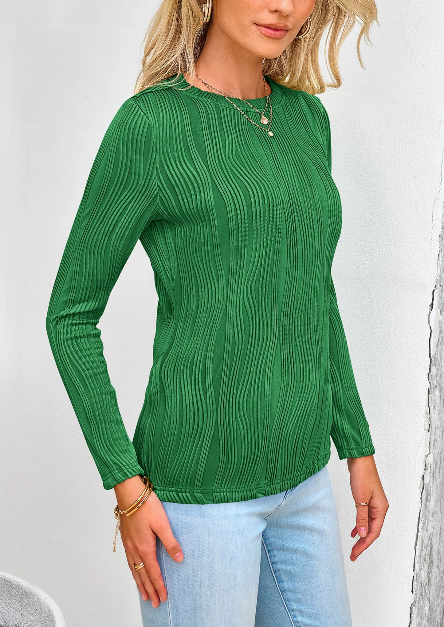 Long Sleeve Tops for Women Spring Fall Trendy Business Dressy Casual Shirts Crewneck Textured Blouse