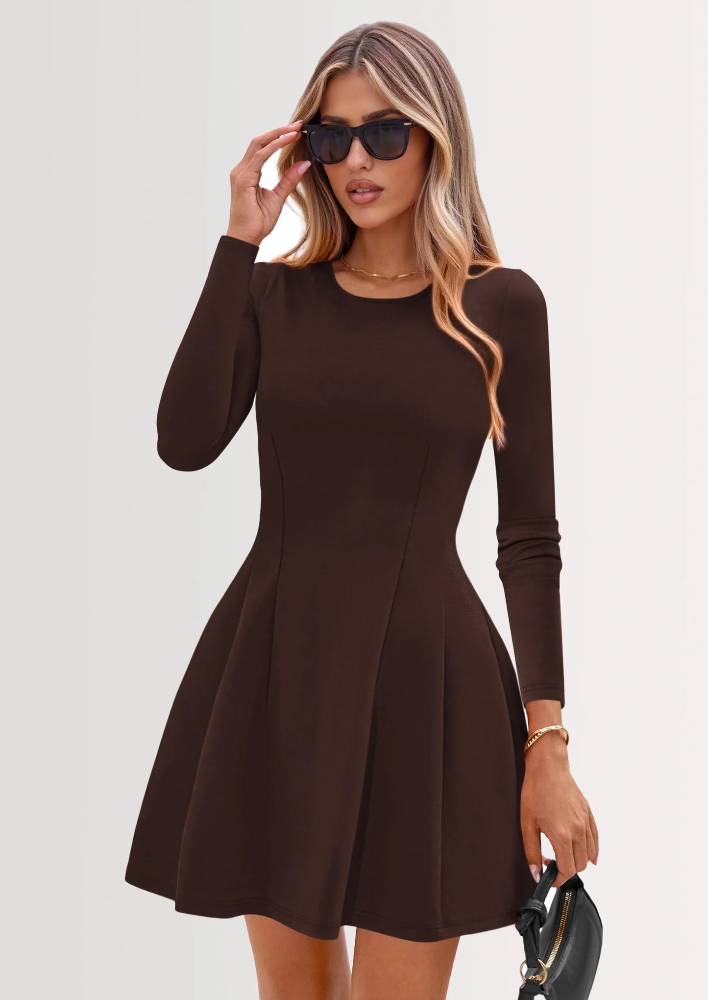 Long Sleeve Mini Dress for Women Fall Crewneck Knit Pleated Babydoll A Line Soft Casual Short Party Dresses