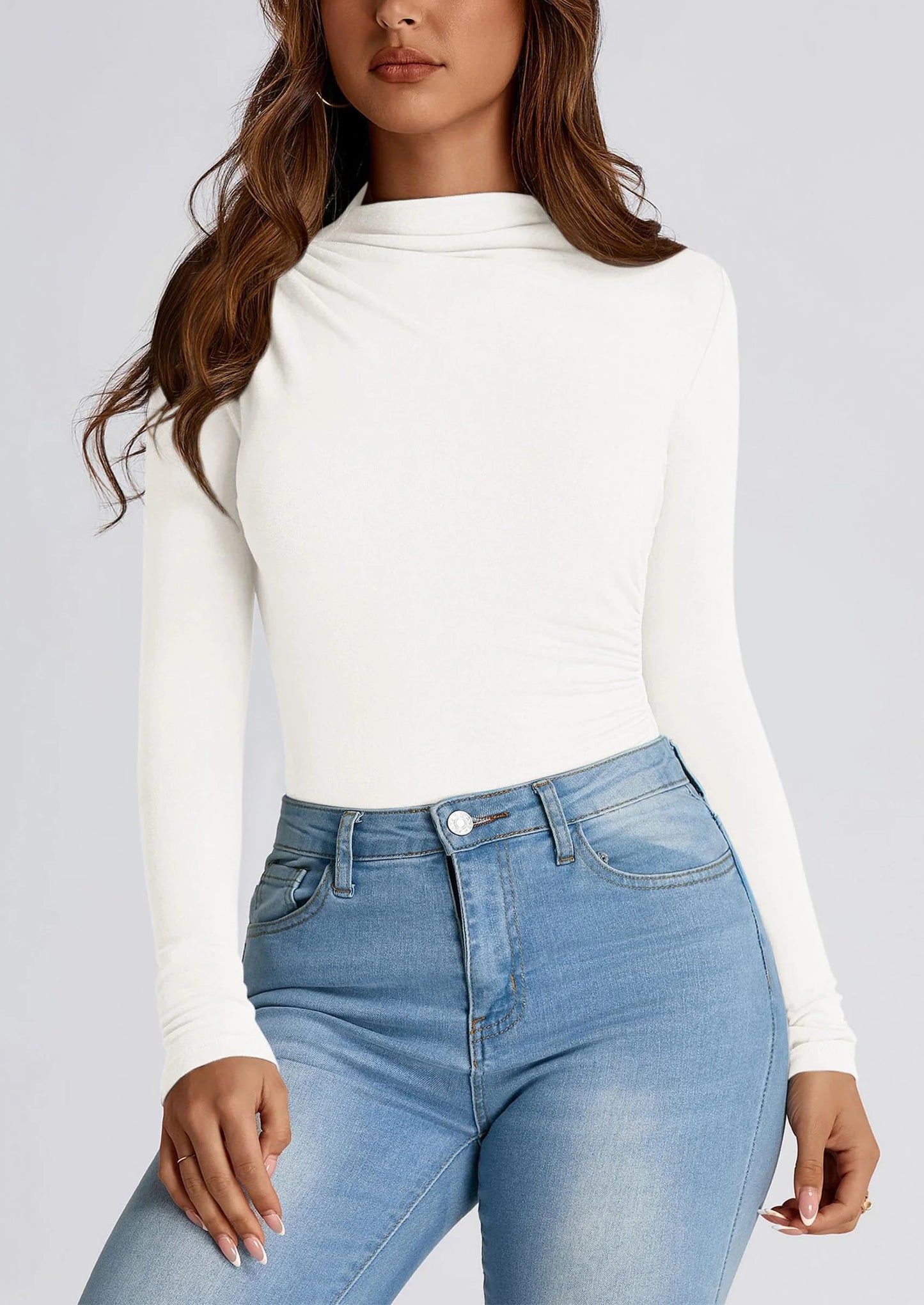 Womens Fall Y2K Going Out Crop Tops Long Sleeve Mock Neck Ruched Slim Fitted Basic Trendy Casual T Shirts Blouse